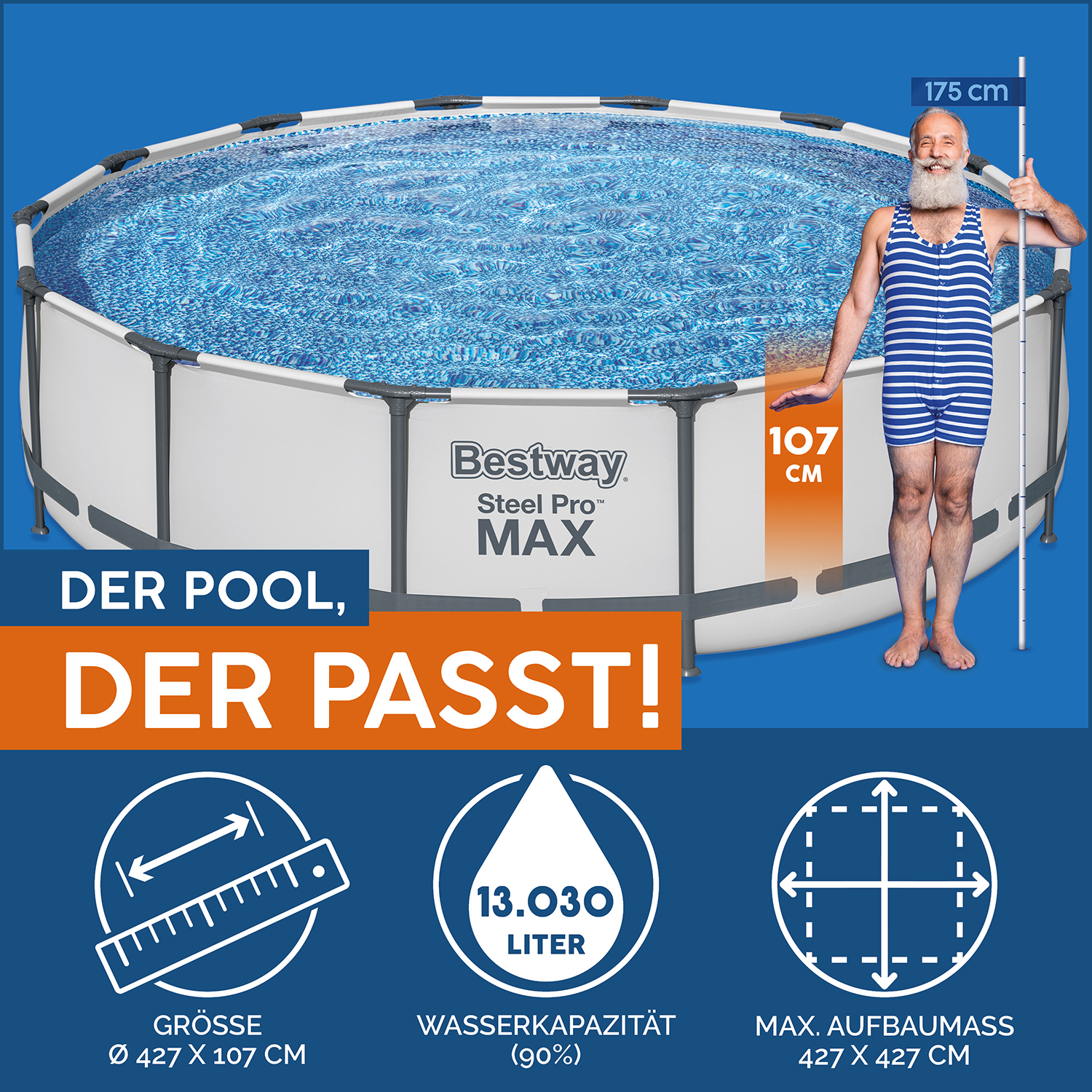 Steel Pro MAX™ Frame Pool Komplett-Set mit Filterpumpe Ø 427 x 107 cm, lichtgrau, rund