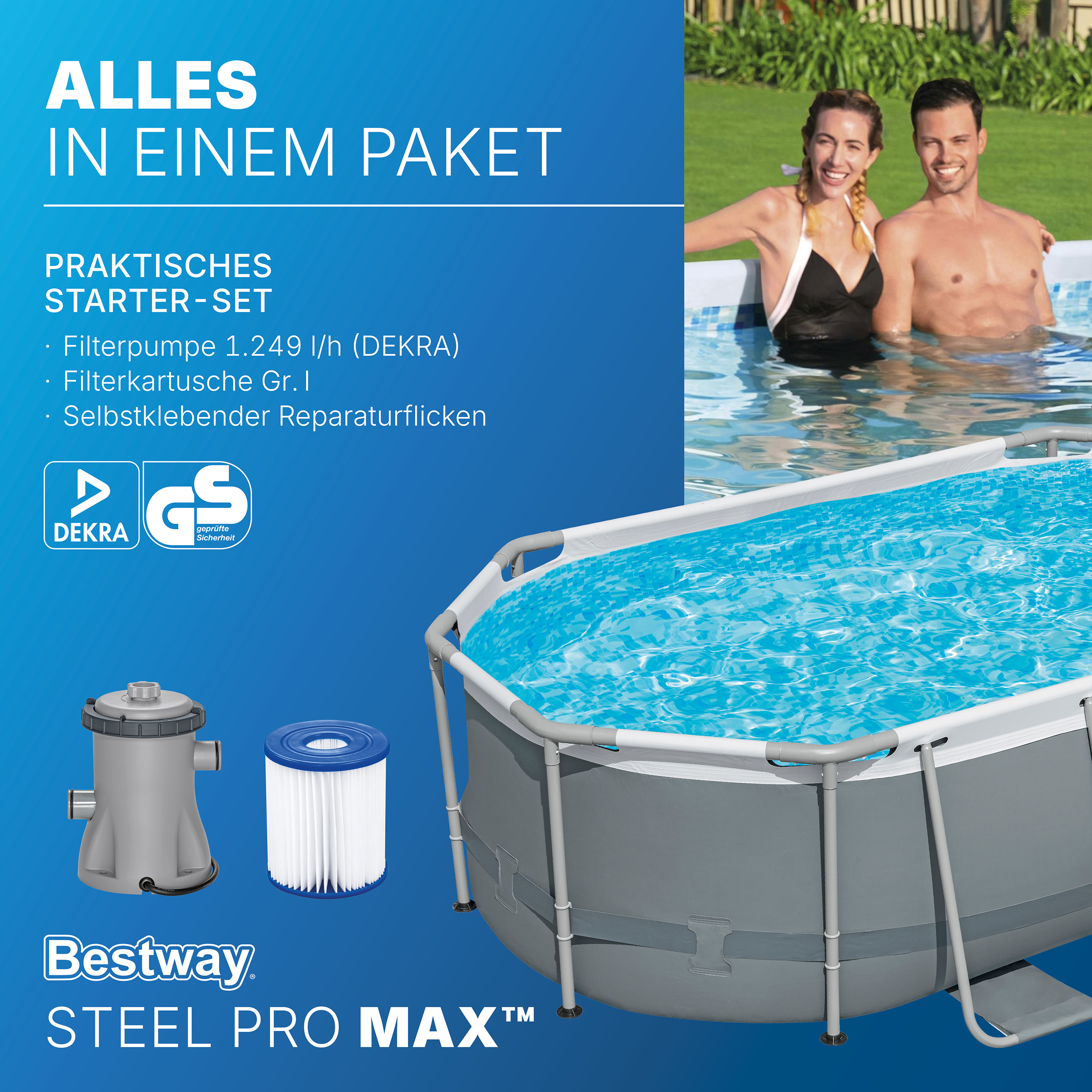 Steel Pro MAX™ Frame Pool Set mit Filterpumpe 305 x 200 x 84 cm, grau, oval