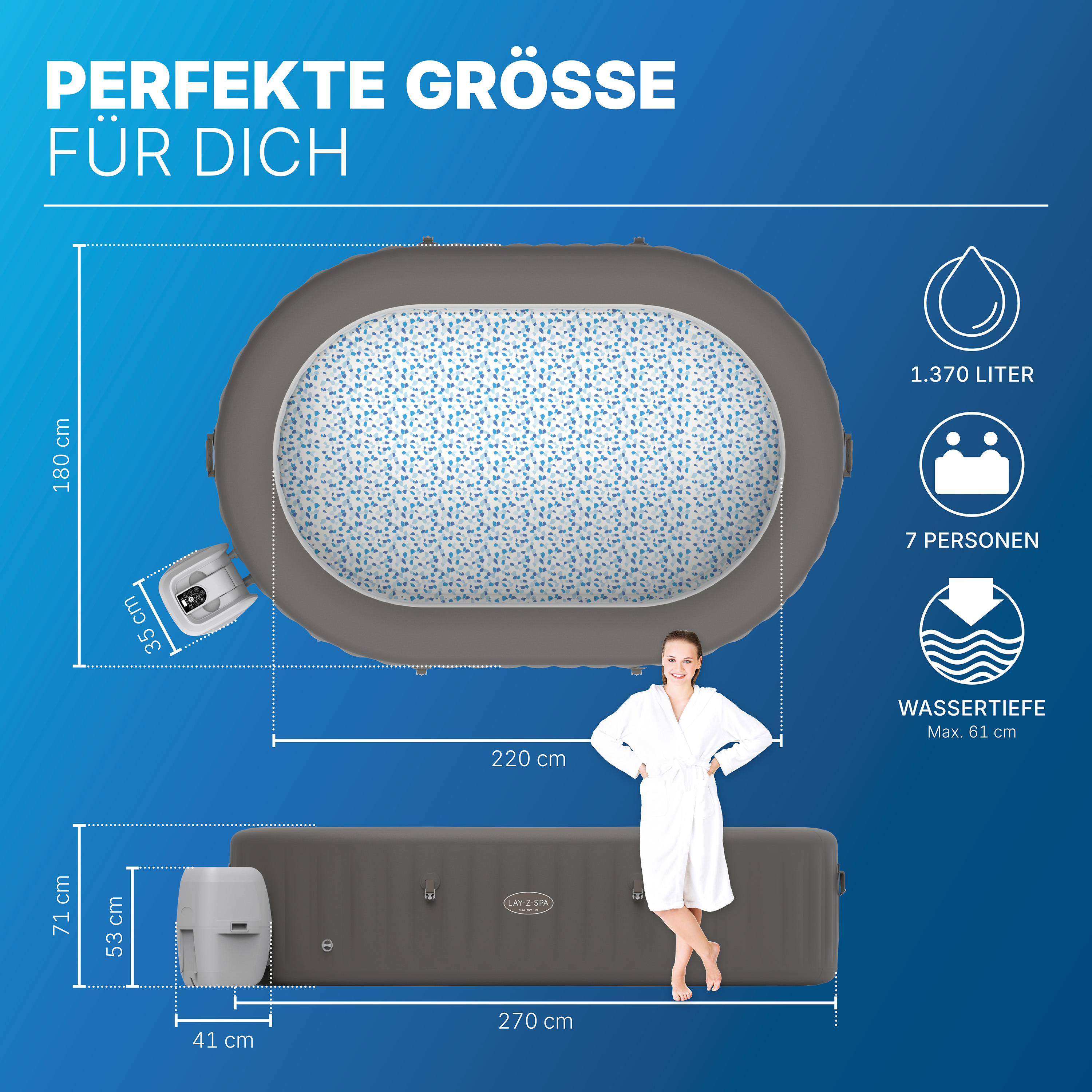 LAY-Z-SPA® XXL WLAN Whirlpool Mauritius AirJet™ 270 x 180 x 71 cm, oval