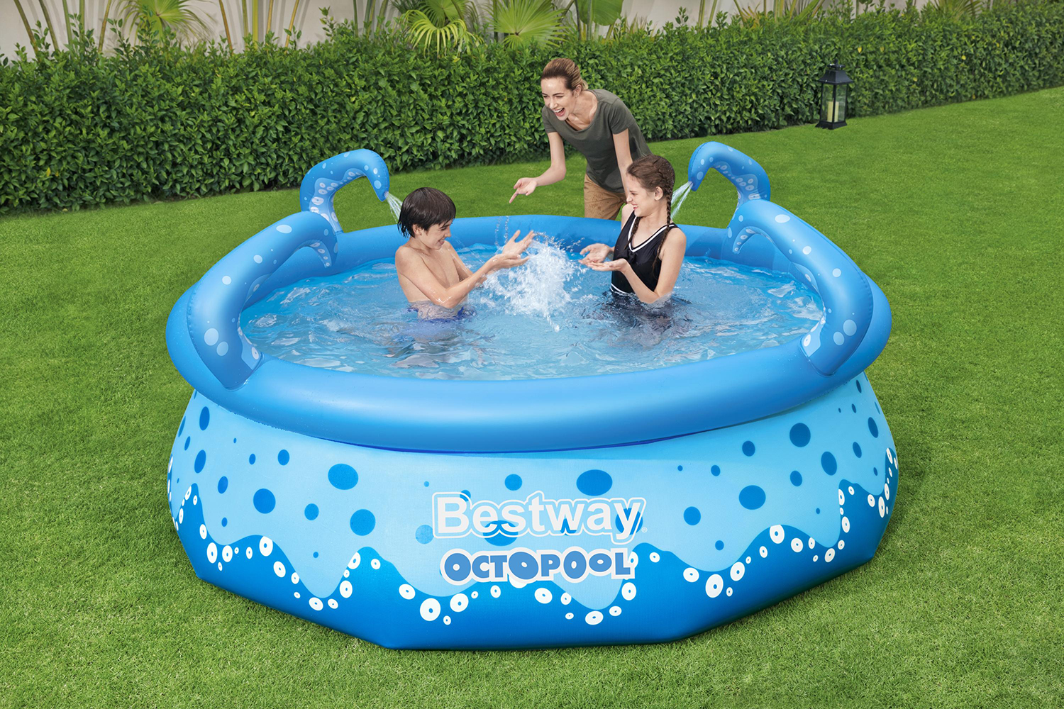Fast Set™ OctoPool mit integerierten Wassersprinklern Ø 274 x 76 cm, blau mit Muster, rund Fast Set™ OctoPool mit integerierten Wassersprinklern Ø 274 x 76 cm, blau mit Muster, rund
