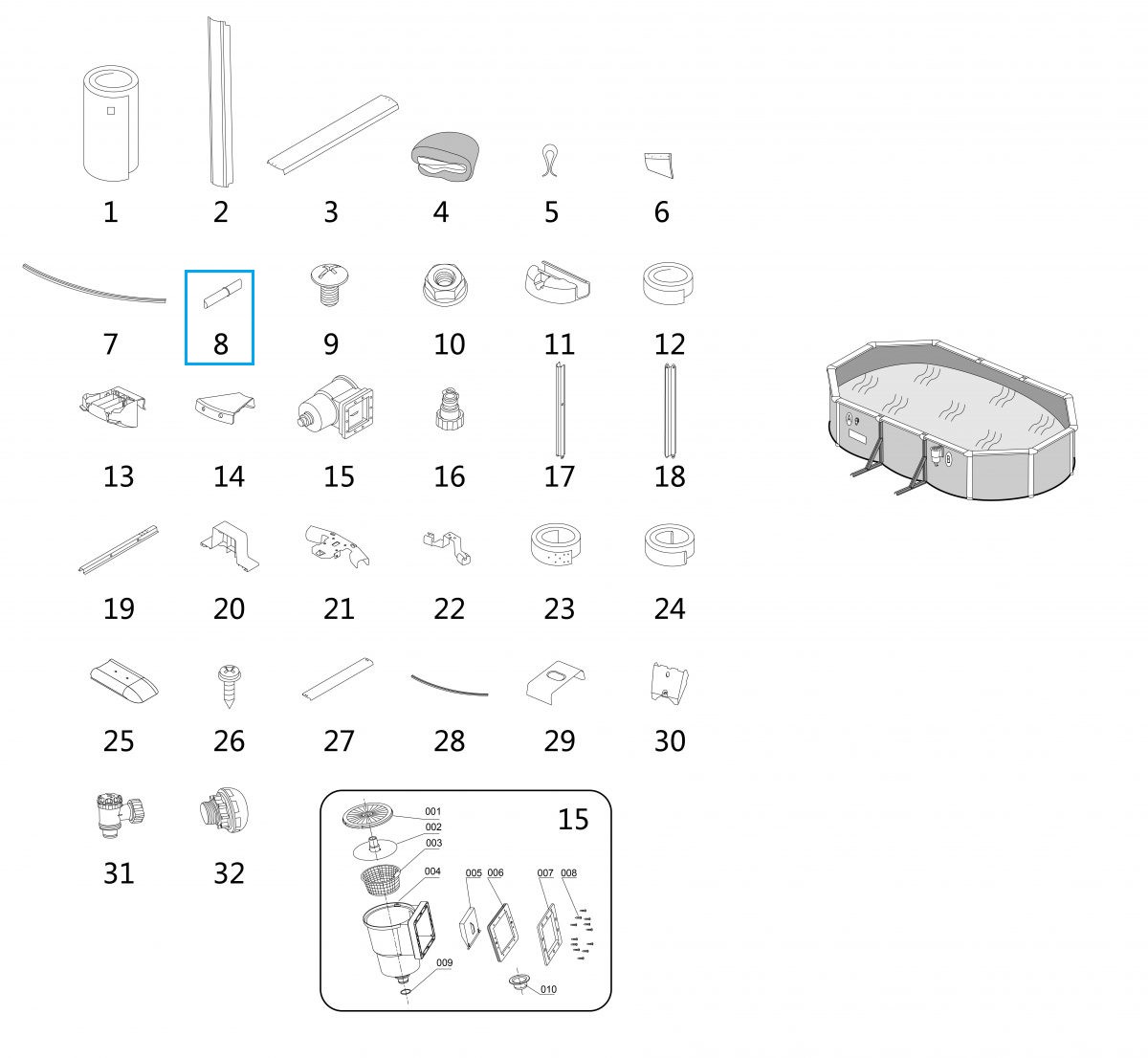 Bestway® Spare Part Rail connector set (grey / 4 pieces) for Hydrium™ steel wall pools (from 2022)