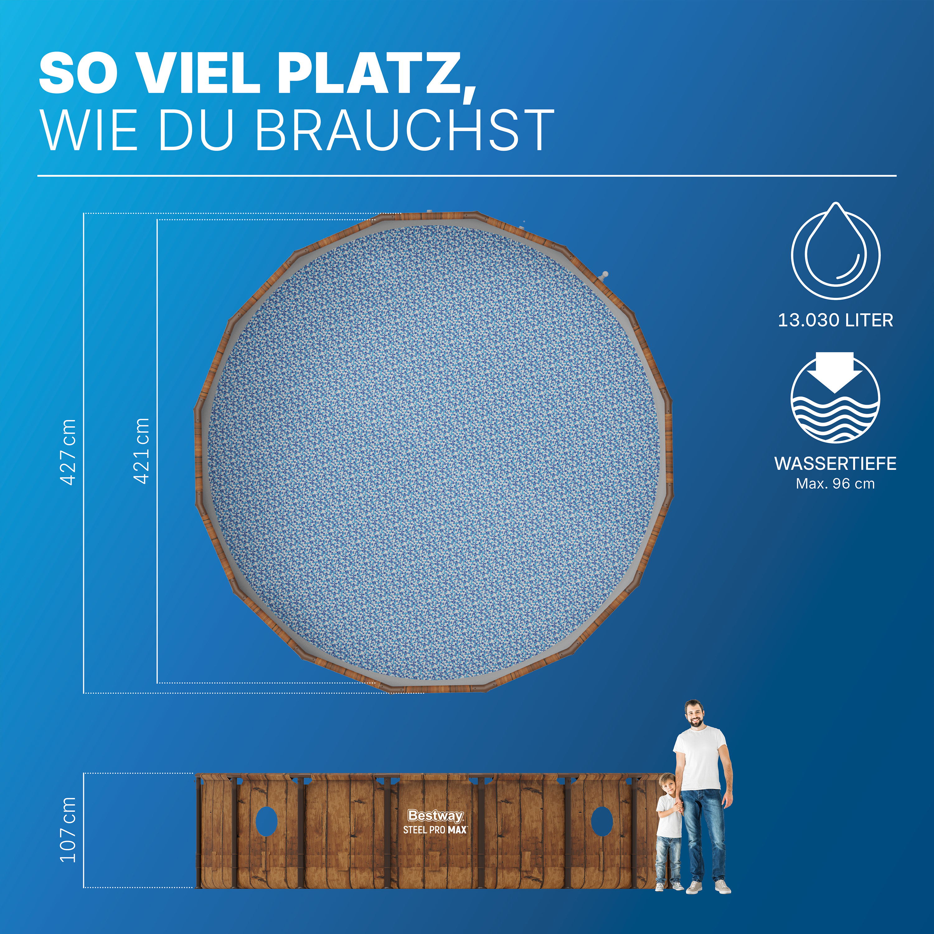 Steel Pro MAX™ Splashview™ Frame Pool Komplett Set mit Filterpumpe Ø 427 x 107 cm, Holz-Optik (Pinie), rund