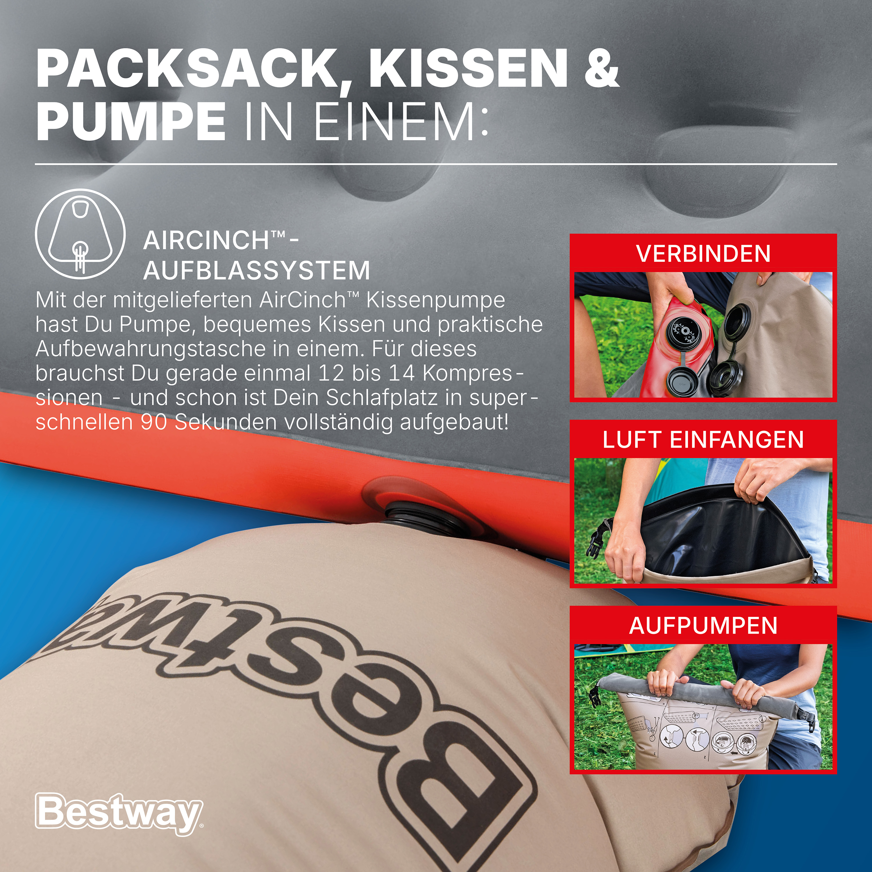 Doppelluftbett Roll & Relax mit Kissenpumpe 203 x 152 x 22 cm