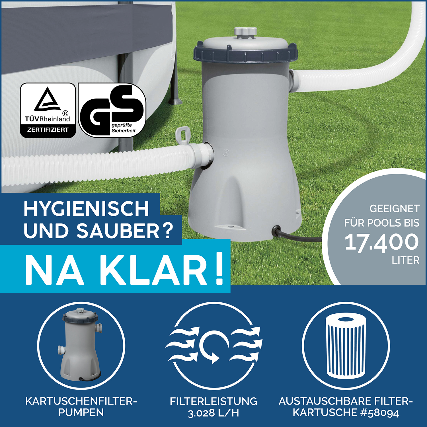 Power Steel™ Frame Pool Komplett Set mit Filterpumpe 488 x 244 x 122 cm, Rattan-Optik (Schiefergrau), eckig