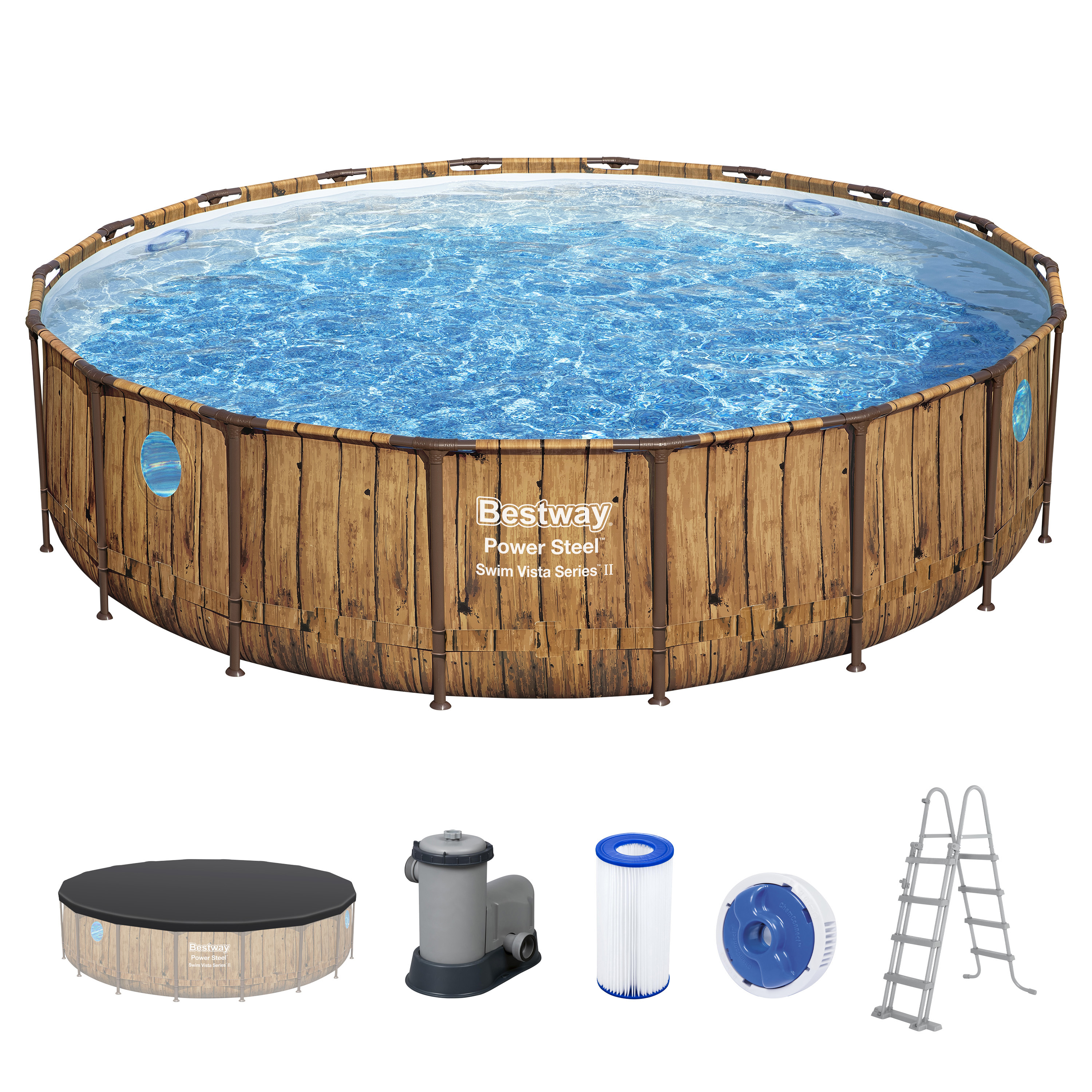 Power Steel™ Swim Vista Series™ Frame Pool Komplett Set mit Filterpumpe Ø 549 x 122 cm, Holz-Optik (Pinie), rund