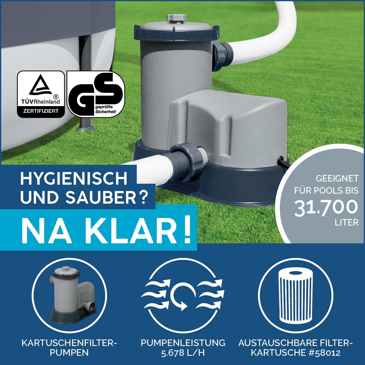 Power Steel™ Frame Pool Komplett-Set mit Filterpumpe 640 x 274 x 132 cm, grau, eckig