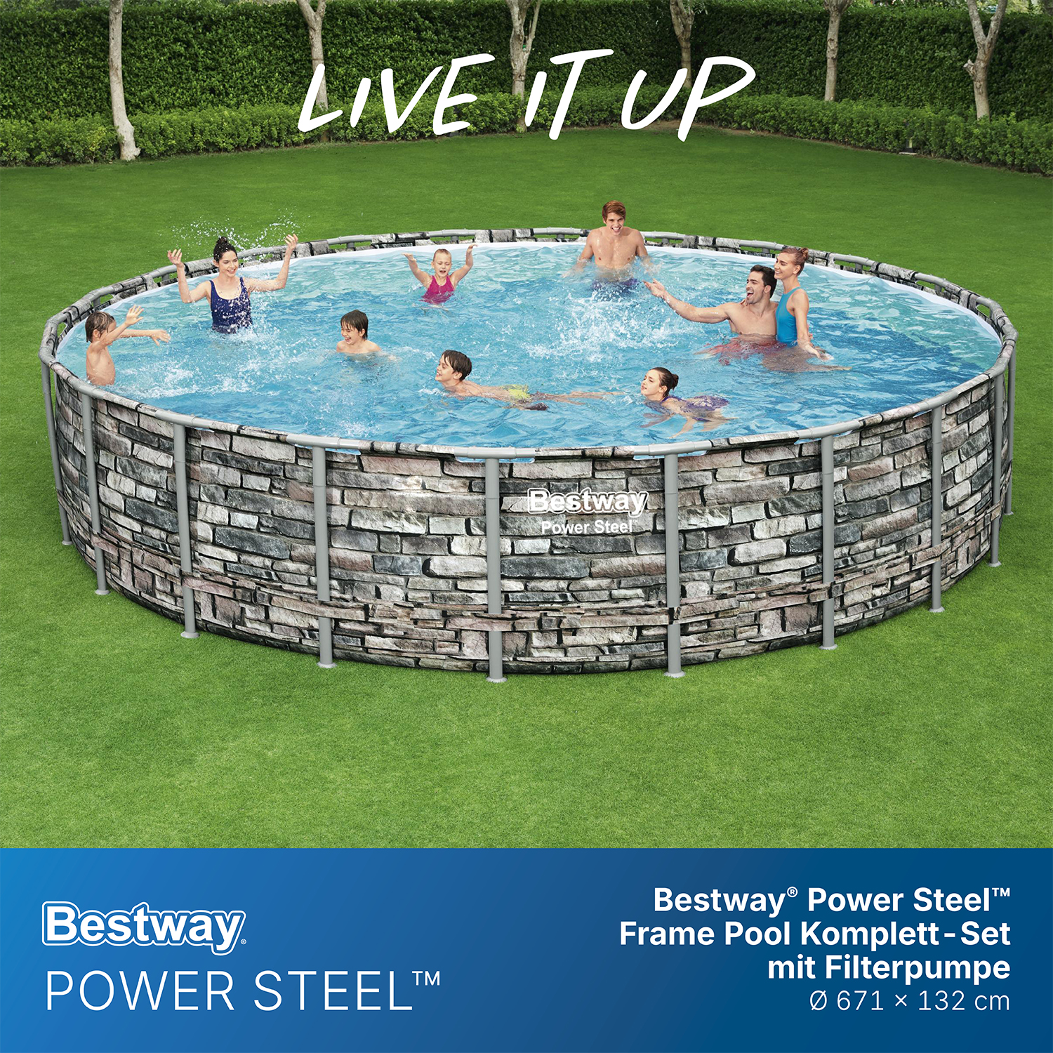 Power Steel™ Frame Pool Komplett-Set mit Filterpumpe Ø 671 x 132 cm Steinwand-Optik (Naturstein), rund
