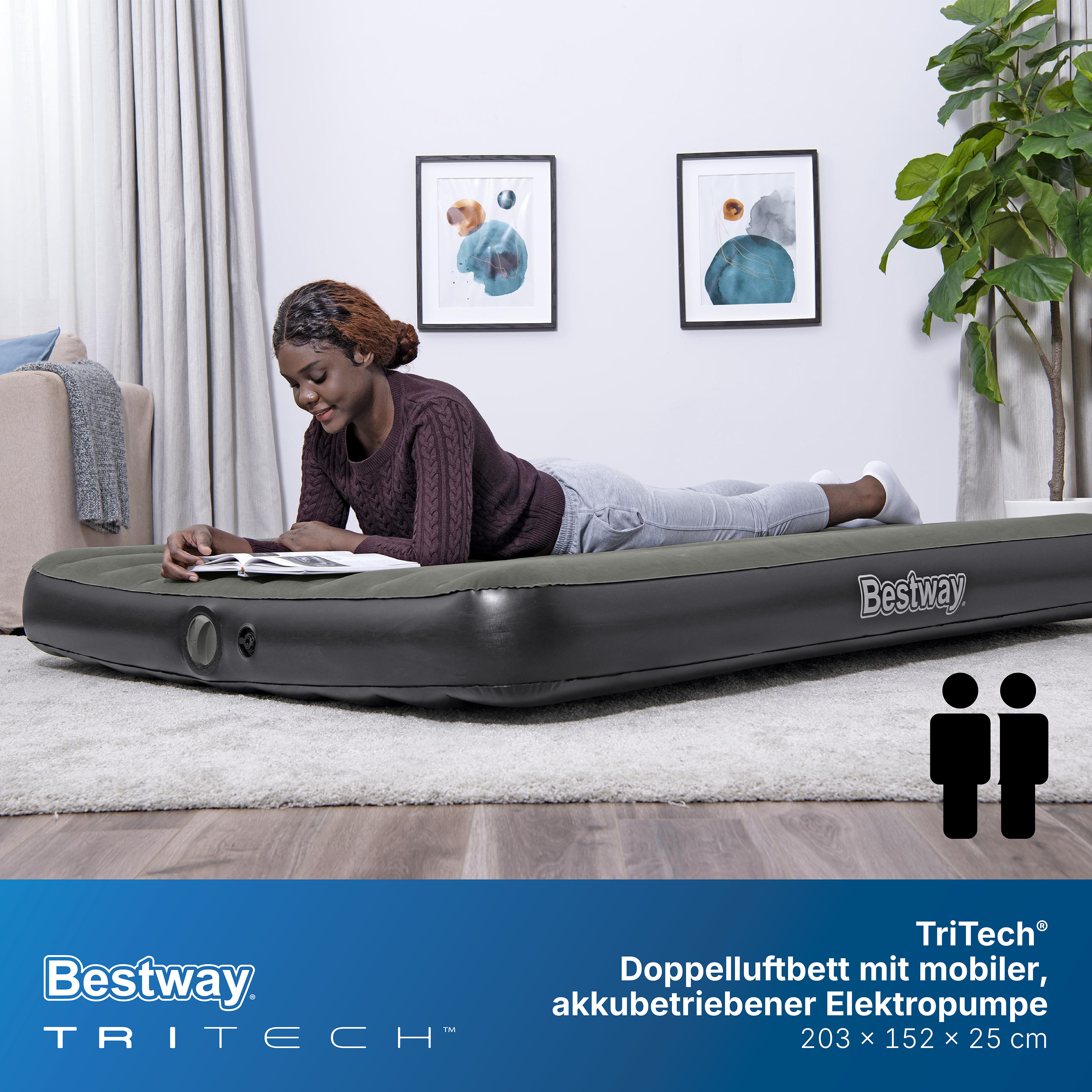 TriTech® Doppelluftbett mit mobiler, akkubetriebener Elektropumpe 203 x 152 x 25 cm