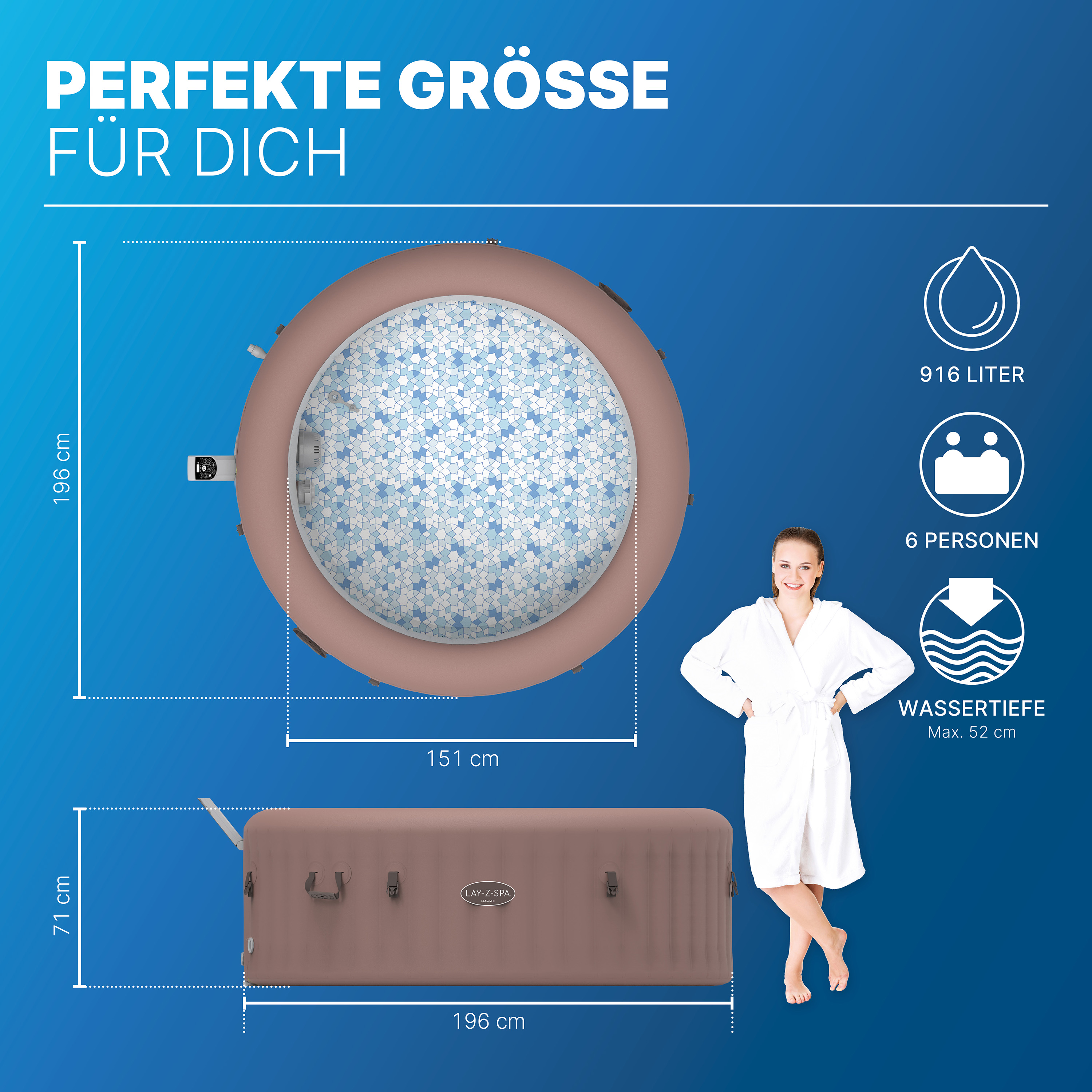 LAY-Z-SPA® WLAN-Whirlpool Hawaii AirJet™ mit App-Steuerung, für 6 Personen, Ø 196 x 71 cm, Terrakotta