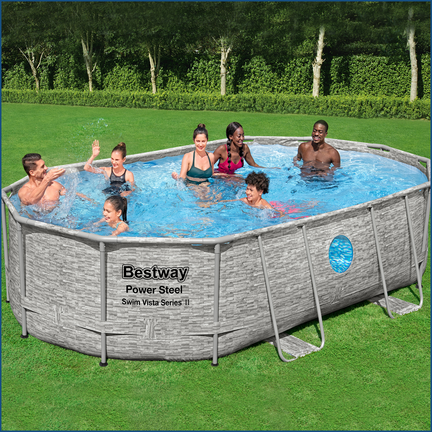 Power Steel™ Swim Vista Series™ Frame Pool Komplett-Set mit Sandfilteranlage 488 x 305 x 107 cm , Steinwand-Optik (Cremegrau), oval
