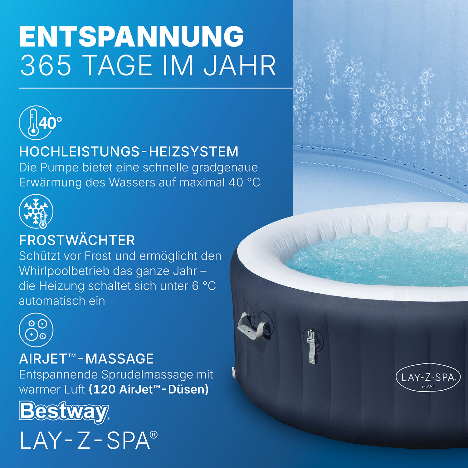 LAY-Z-SPA® Energiespar Whirlpool Miami AirJet™ für 4 Personen Ø 180 x 66 cm, Dunkelblau