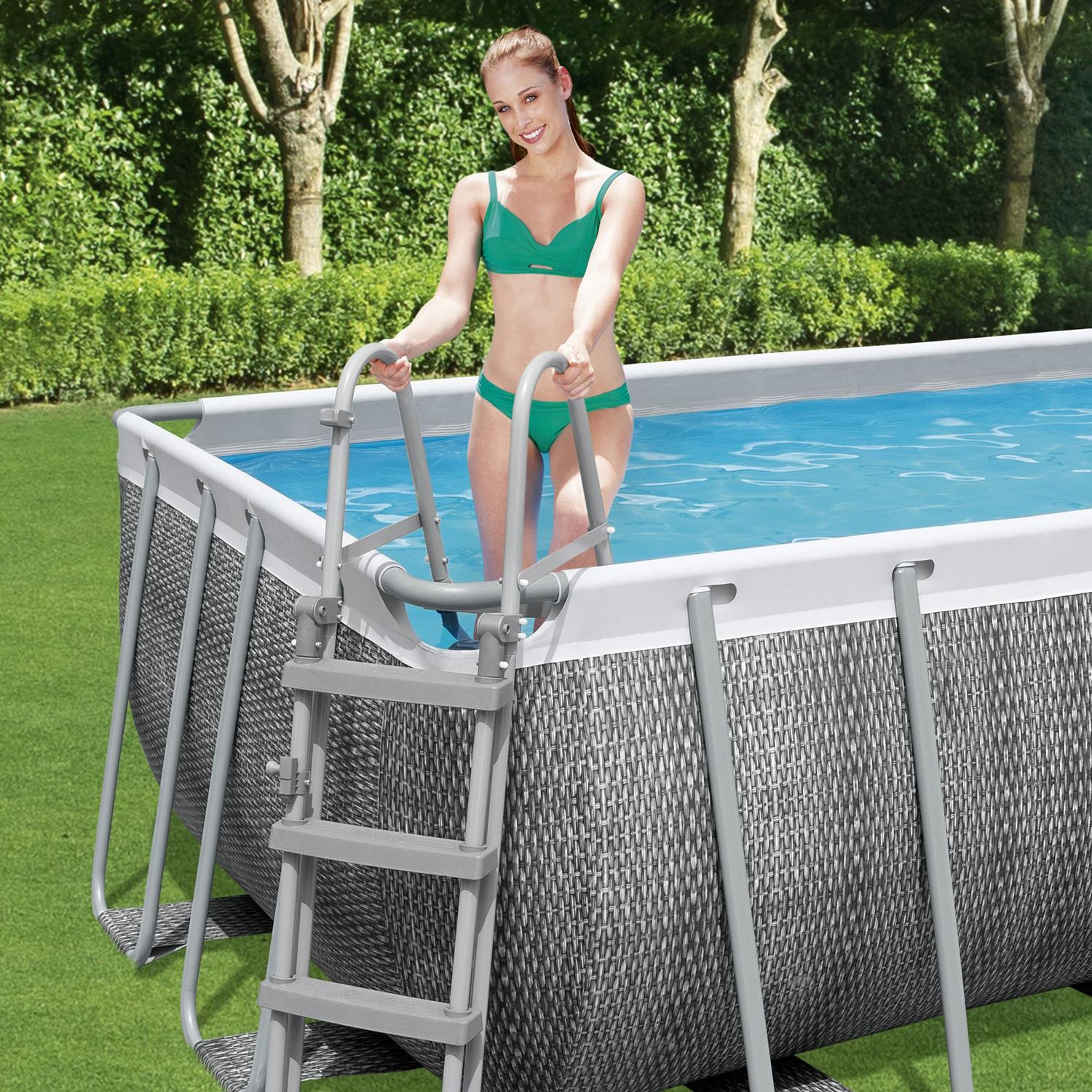 Power Steel™ Frame Pool Komplett Set mit Filterpumpe 488 x 244 x 122 cm, Rattan-Optik (Schiefergrau), eckig