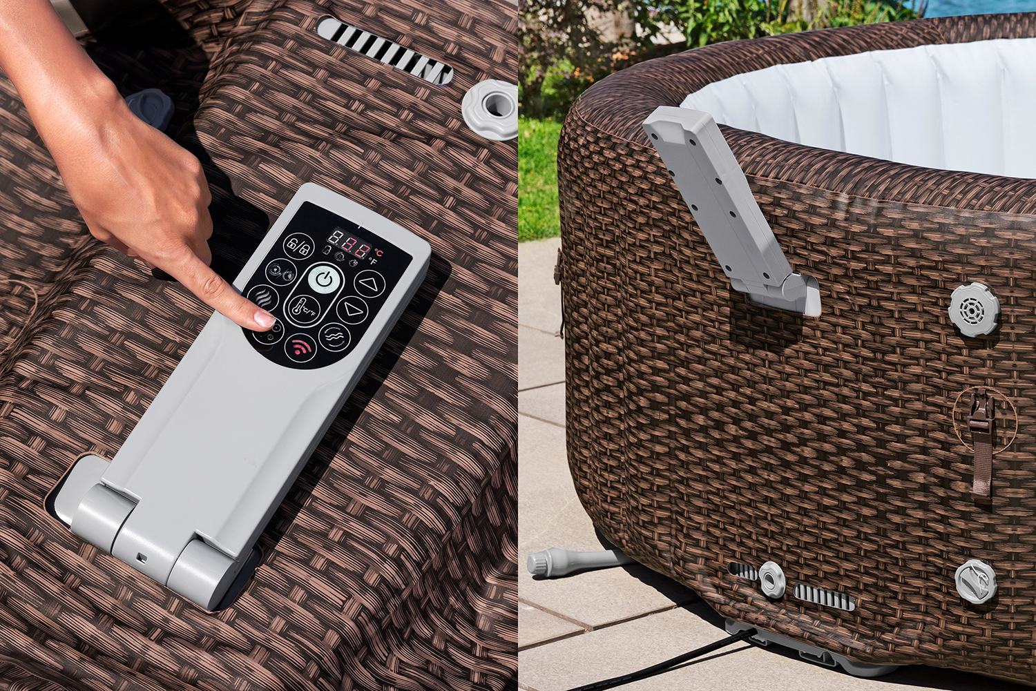 LAY-Z-SPA® Energiespar-Whirlpool Bali AirJet™ mit App-Steuerung, für 7 Personen, Ø 216 x 71 cm, Rattan-Optik (Schokobraun)