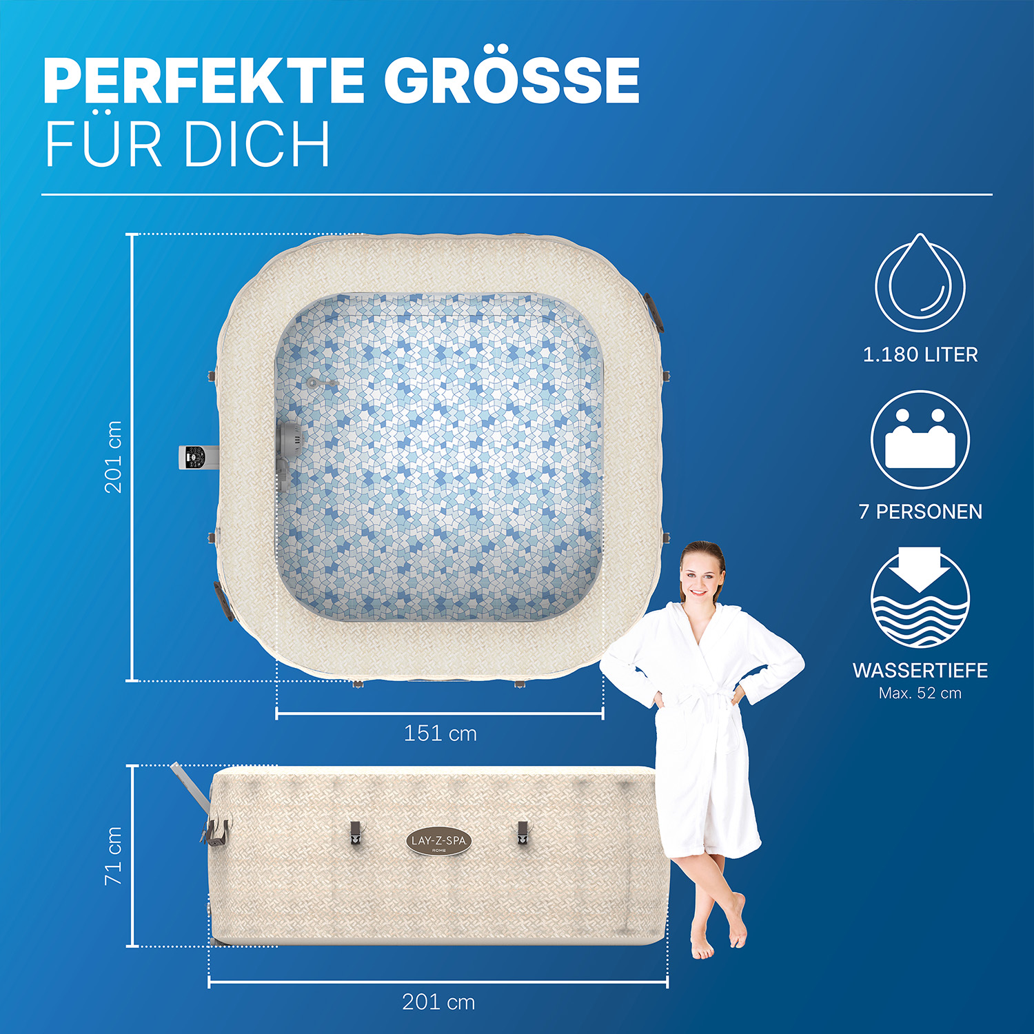 LAY-Z-SPA® Energiespar Whirlpool Rome AirJet™ mit App-Steuerung, für 7 Pers. 201 x 201 x 71 cm, Sandmarmor-Optik