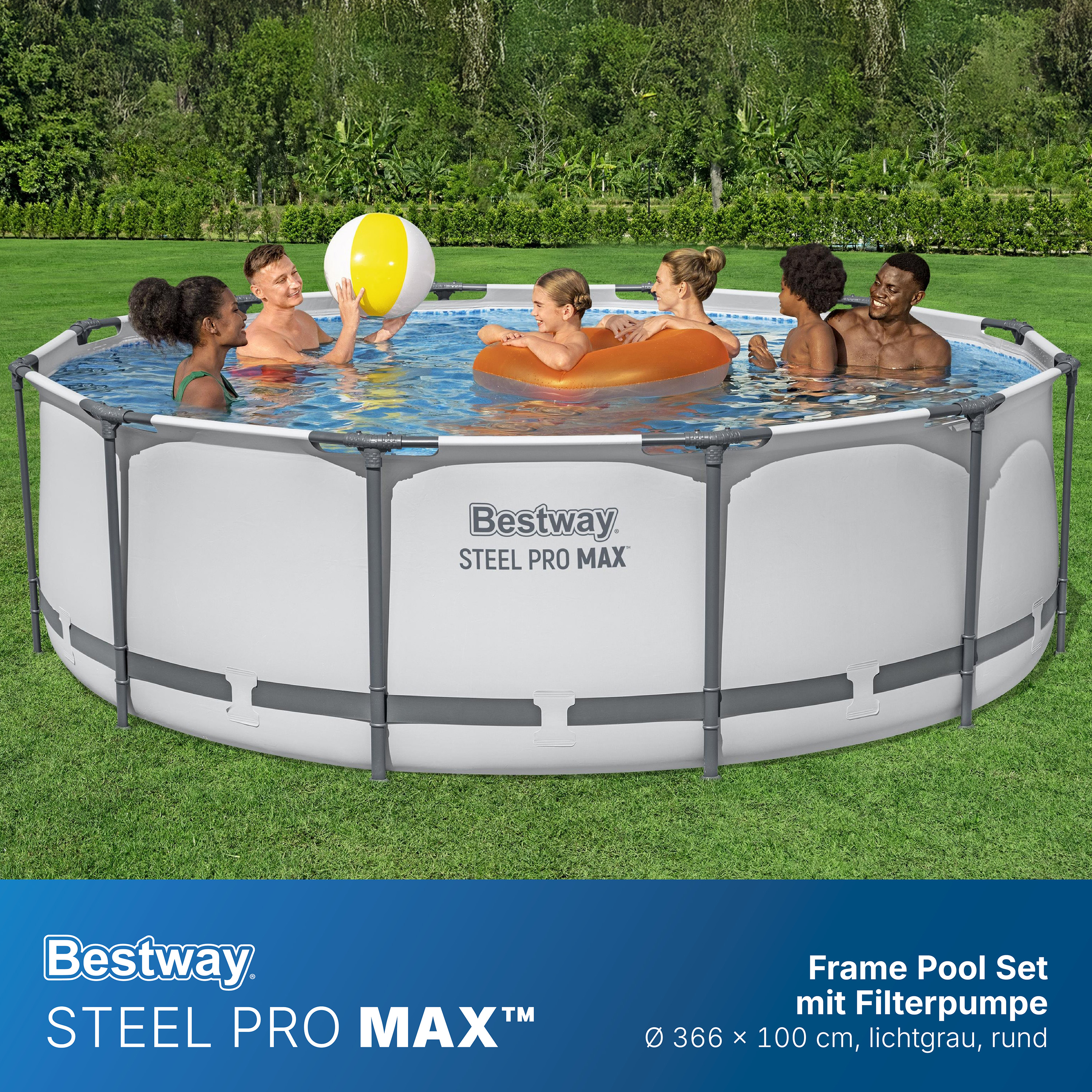 Steel Pro MAX™ Frame Pool Set mit Filterpumpe Ø 366 x 100 cm, lichtgrau, rund