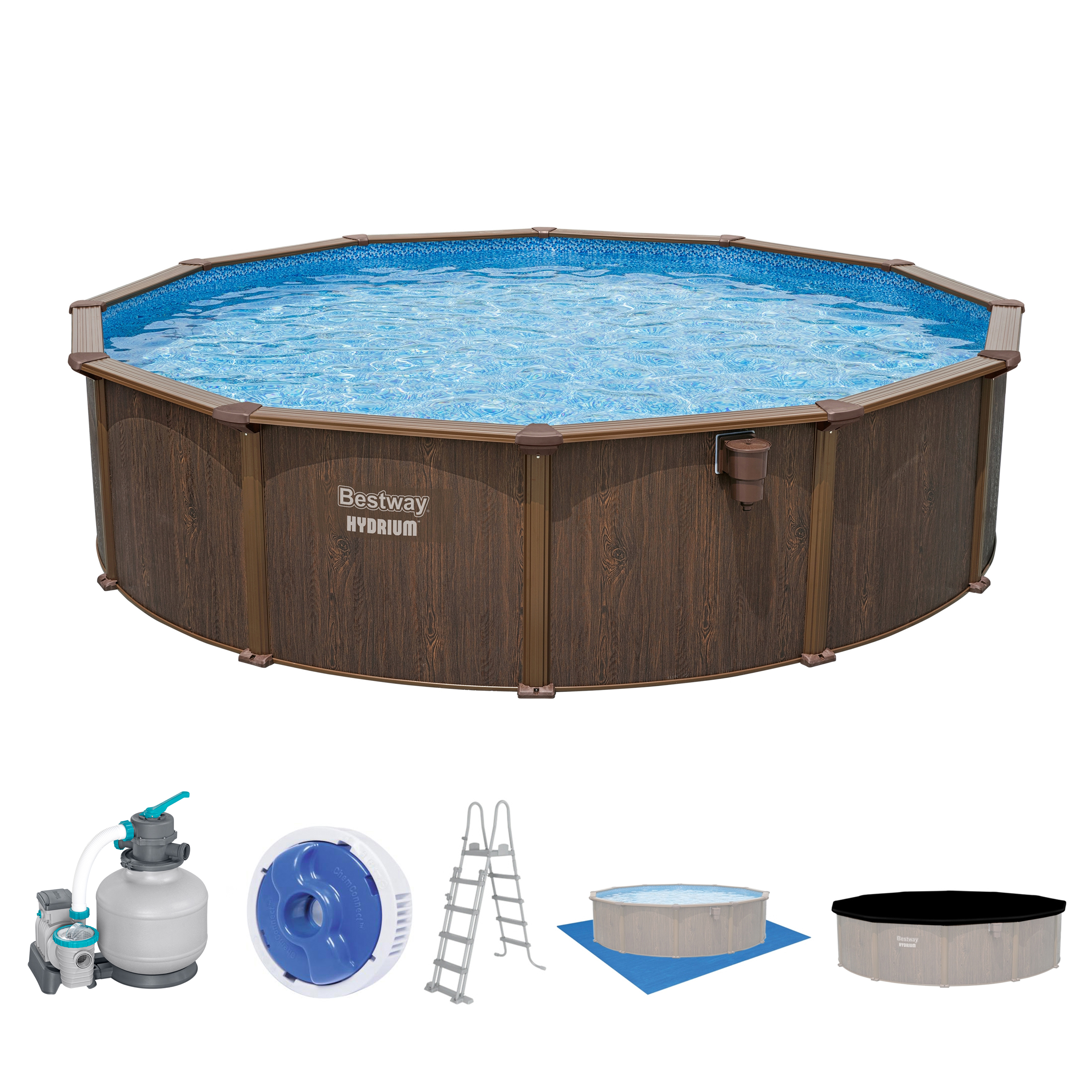 Hydrium™ Stahlwandpool Komplett-Set mit Sandfilteranlage Ø 549 x 132 cm, Holz-Optik (Palisander), rund
