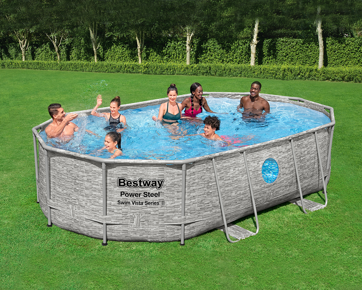 Power Steel™ Swim Vista Series™ Solo Pool ohne Zubehör 488 x 305 x 107 cm, Steinwand-Optik (Cremegrau), oval