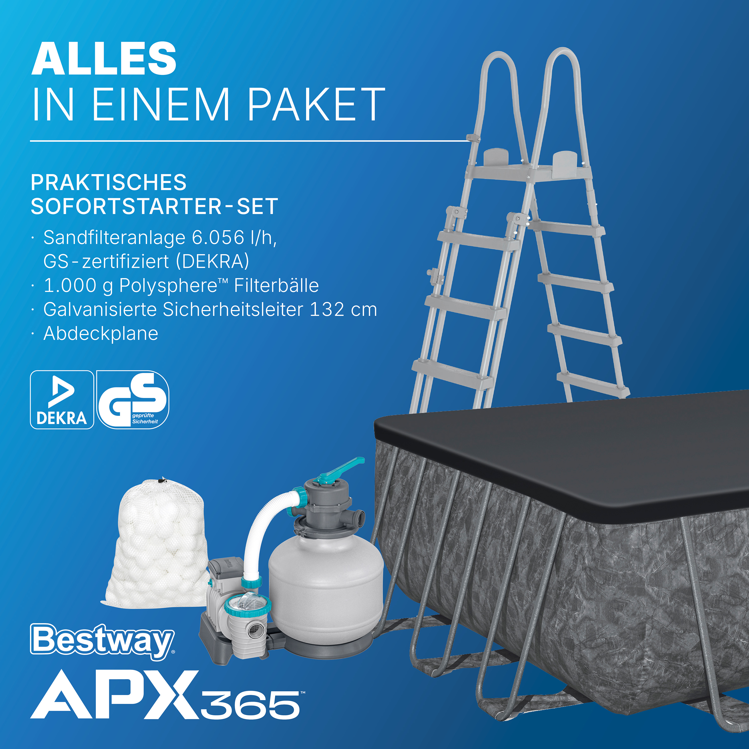 APX365™ Winterfestes Frame Pool Komplett Set mit Sandfilteranlage 732 x 366 x 132 cm, Marmor-Optik (Dunkel), eckig