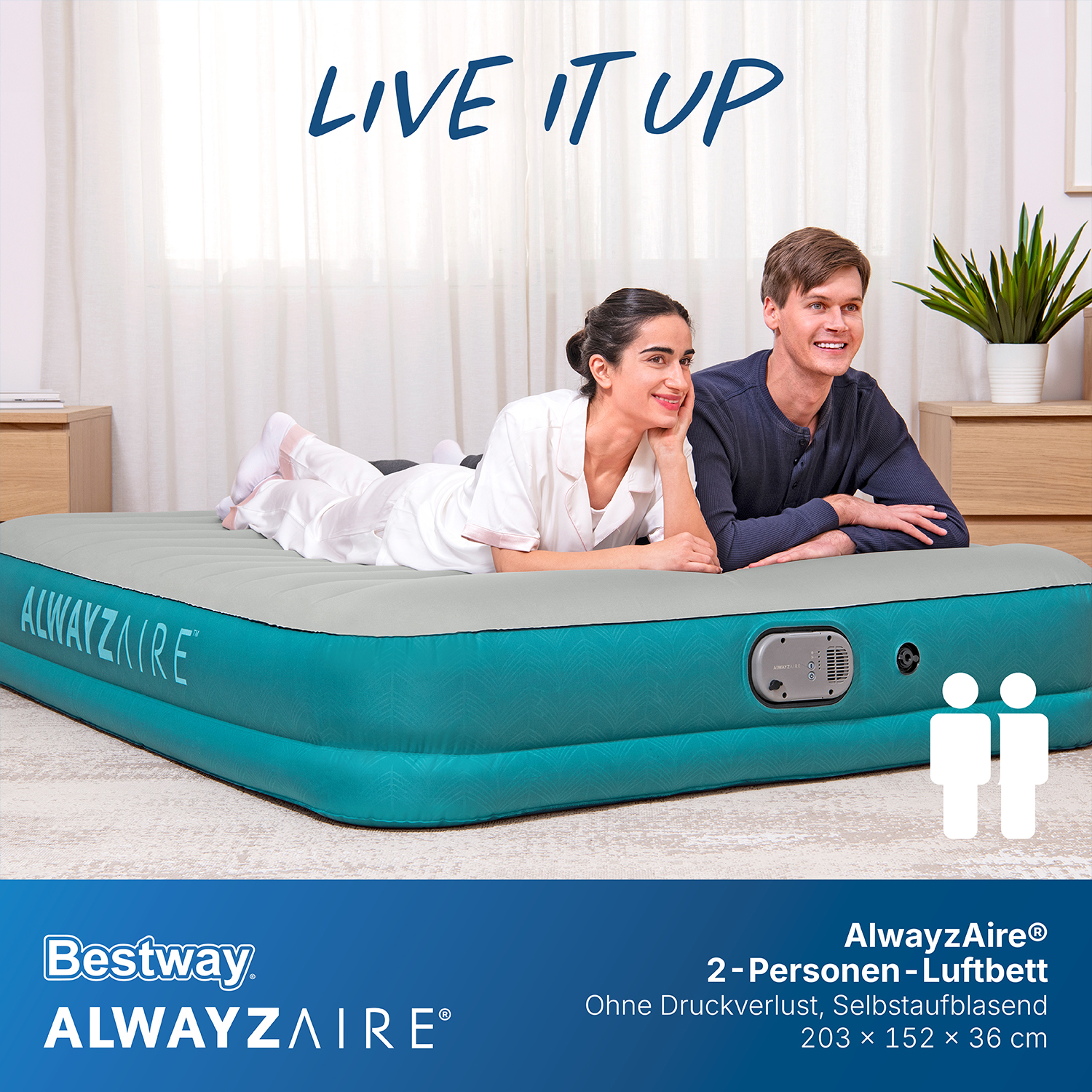 AlwayzAire™ 2-Personen-Luftbett ohne Druckverlust Selbstaufblasend 203 x 152 x 36 cm AlwayzAire™ 2-Personen-Luftbett ohne Druckverlust Selbstaufblasend 203 x 152 x 36 cm