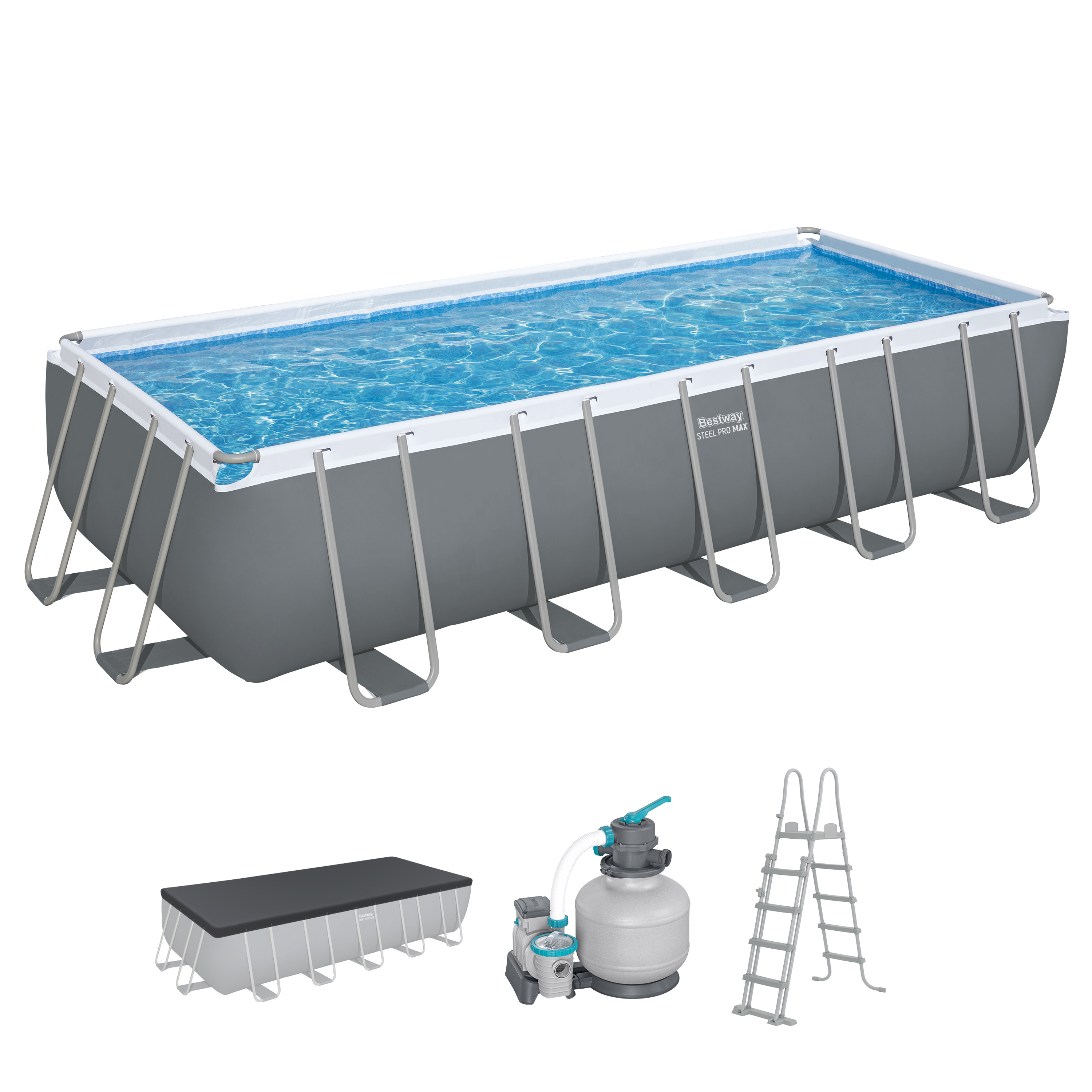 Steel Pro MAX™ Frame Pool Komplett Set mit Sandfilteranlage 640 x 274 x 132 cm, grau, eckig