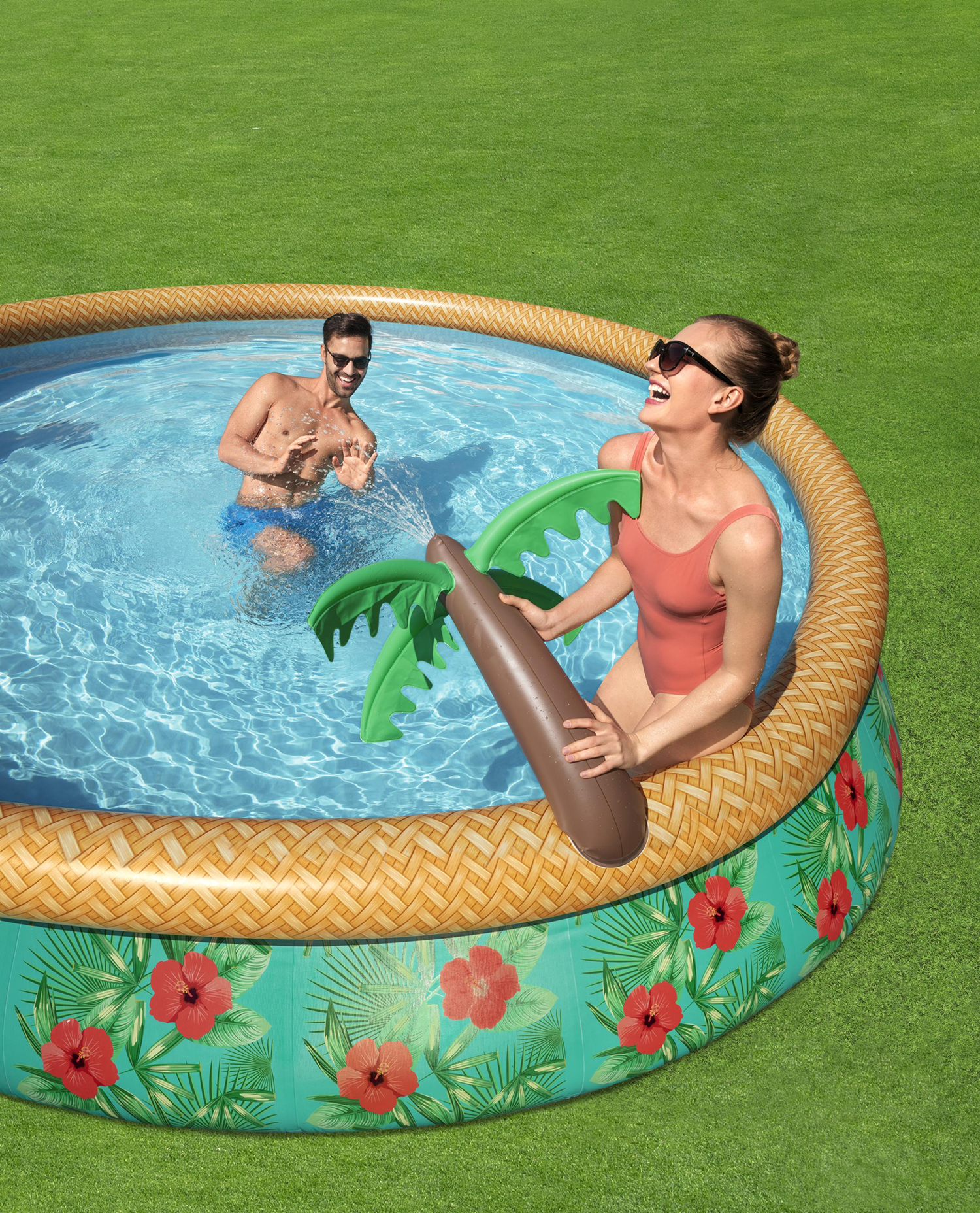 Fast Set™ Aufstellpool-Set mit Wassersprinkler und Filterpumpe Ø 457 x 84 cm, Buntes Hawaii, rund