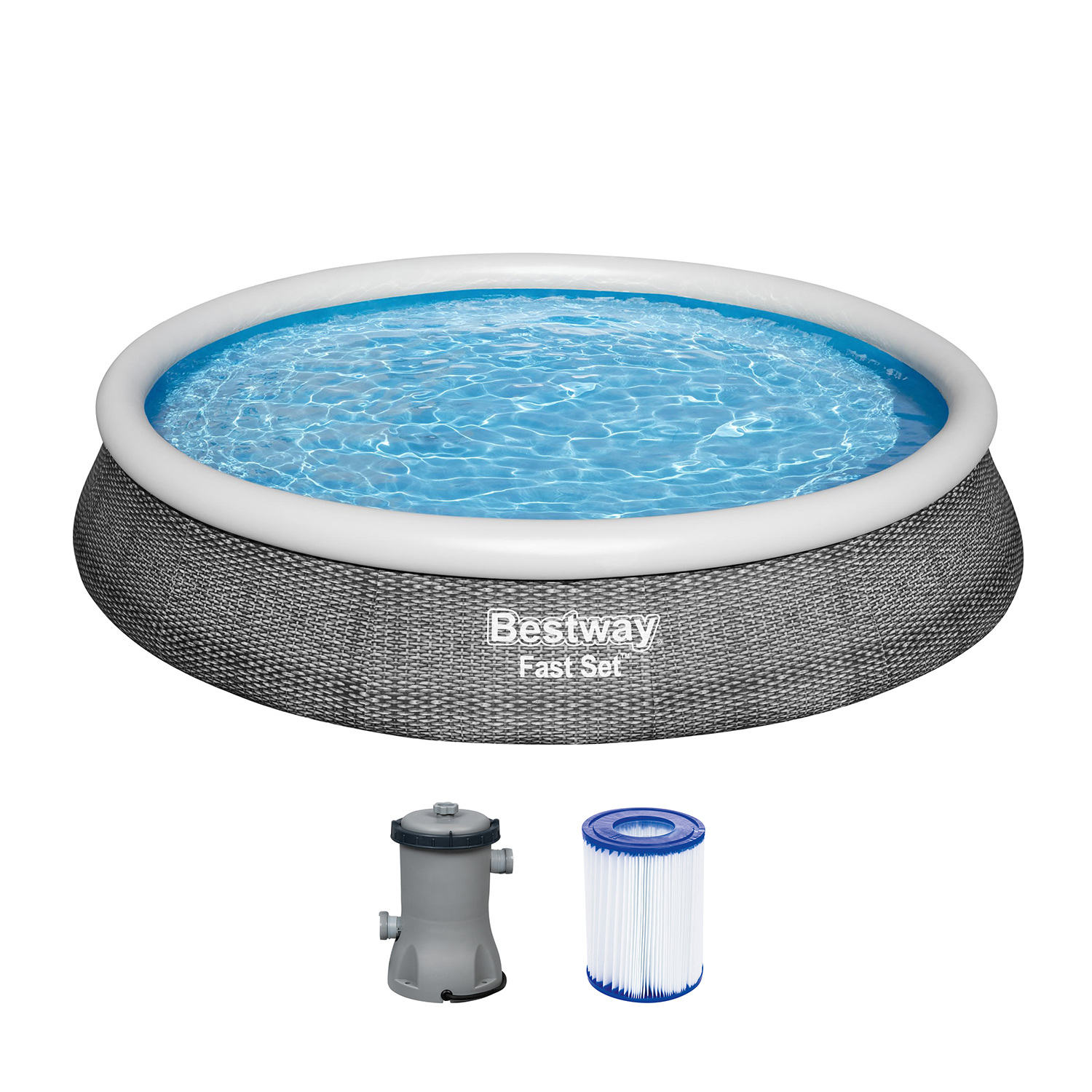 Fast Set™ Aufstellpool Set mit Filterpumpe Ø 396 x 84 cm, Rattan-Optik (Schiefergrau), rund