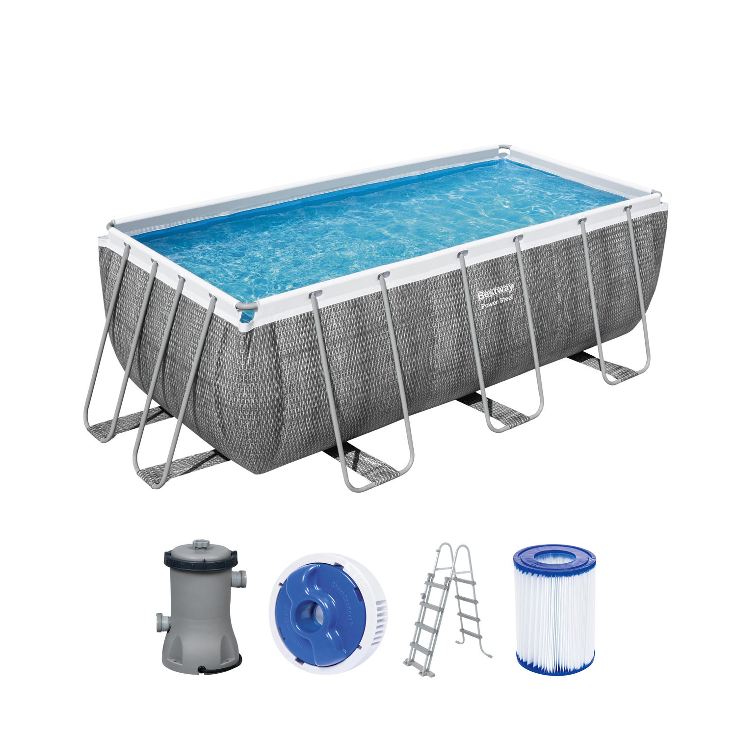 Power Steel™ Frame Pool Set mit Filterpumpe 412 x 201 x 122 cm, Rattan-Optik (Schiefergrau), eckig