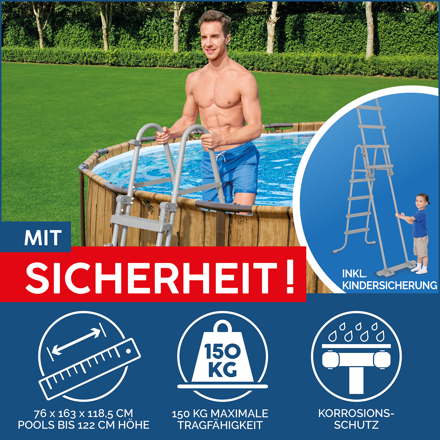 Steel Pro MAX™ Splashview™ Frame Pool Komplett-Set mit Filterpumpe Ø 488 x 122 cm, Holz-Optik (Pinie), rund
