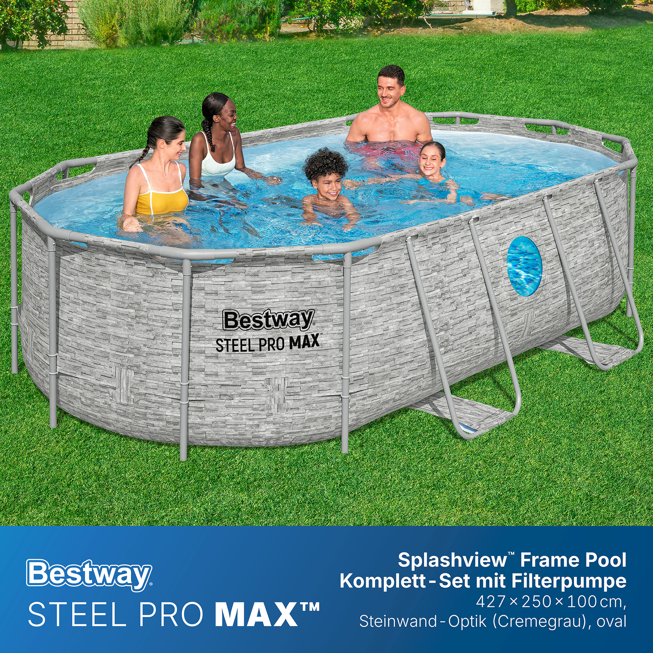 Steel Pro MAX™ Splashview™ Frame Pool Komplett Set mit Filterpumpe 427 x 250 x 100 cm, Steinwand-Optik (Cremegrau), oval