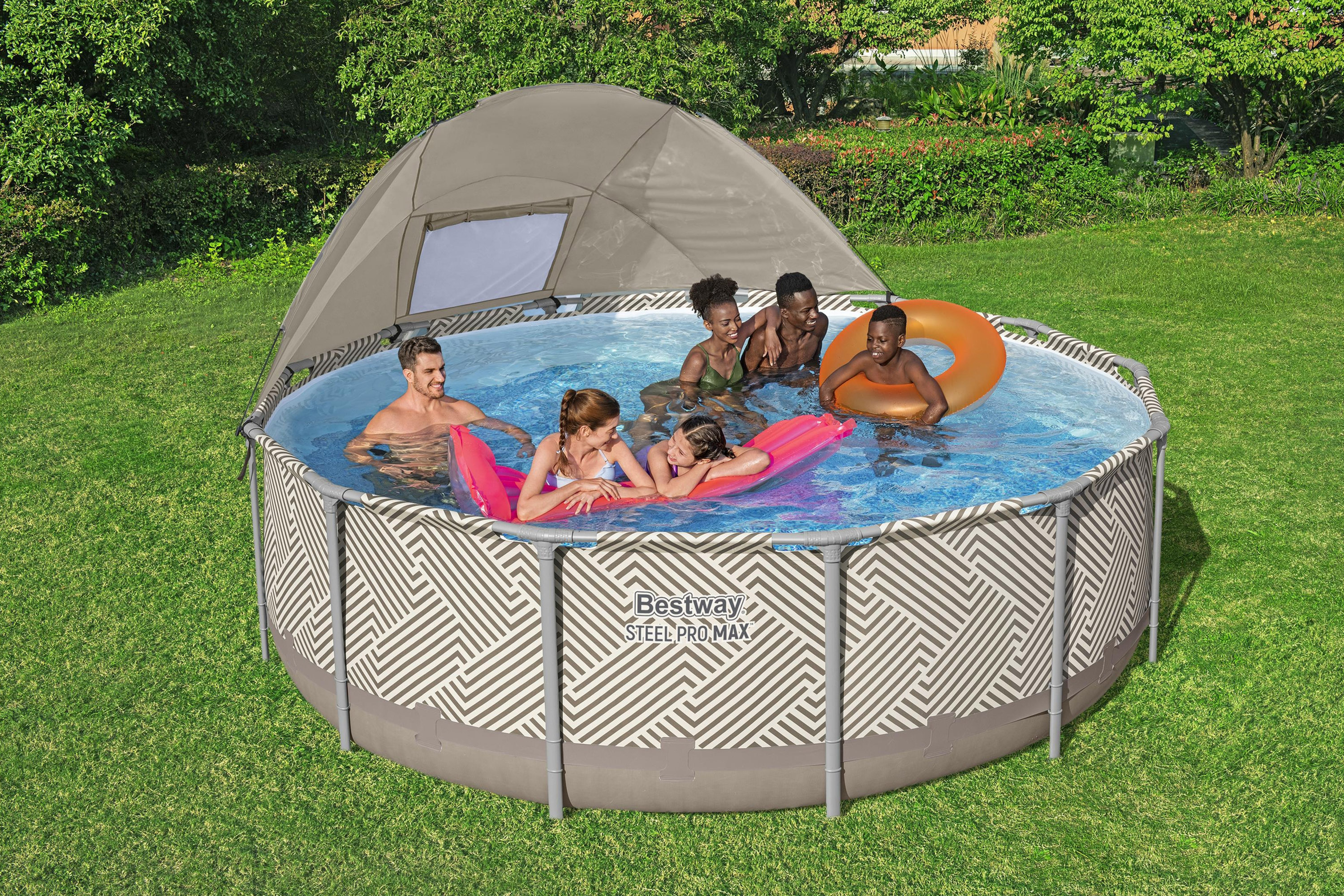 Steel Pro MAX™ Frame Pool Komplett Set mit Filterpumpe Ø 396 x 107 cm, Op Art-Design, rund