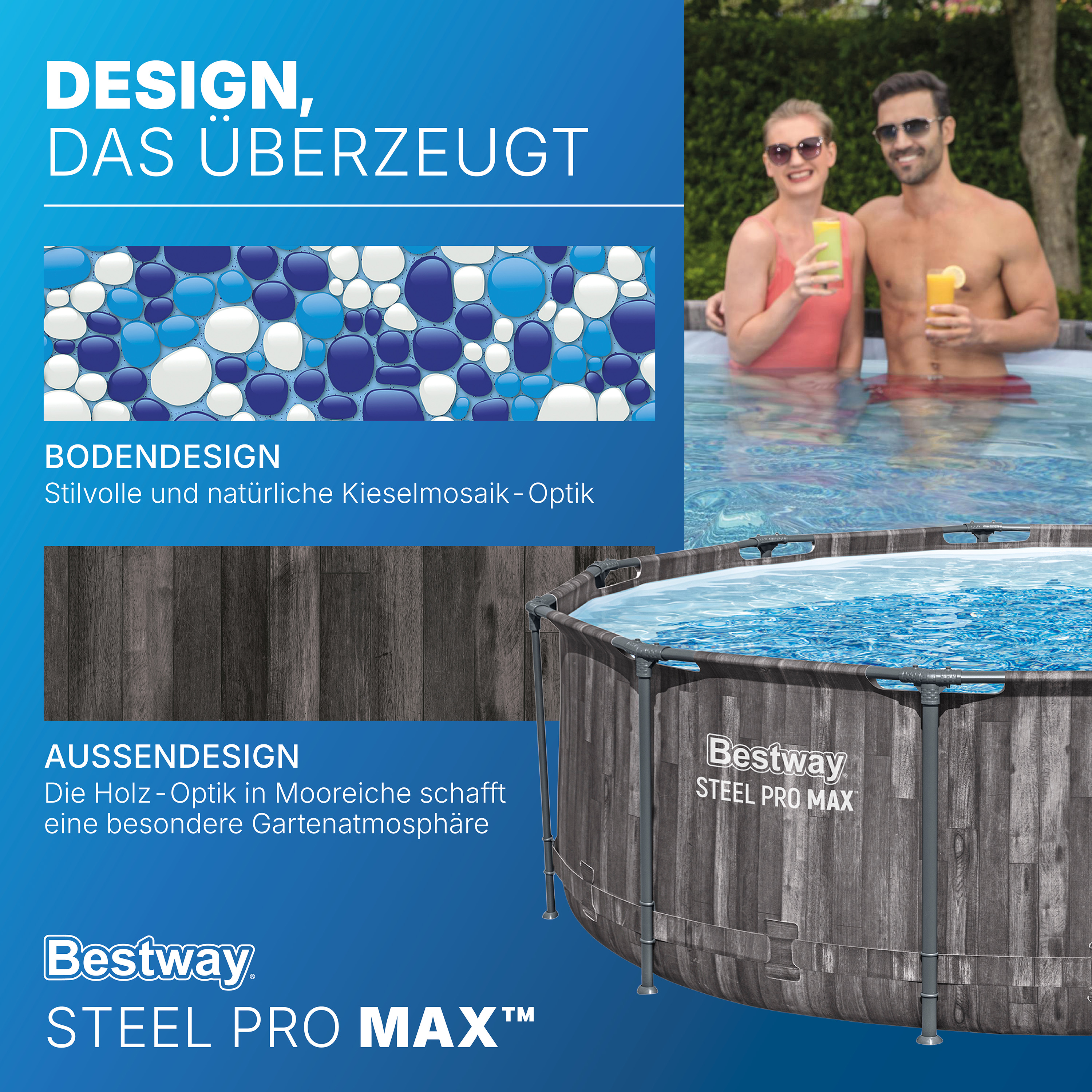 Steel Pro MAX™ Frame Pool-Set mit Filterpumpe Ø 366 x 100 cm, Holz-Optik (Mooreiche), rund