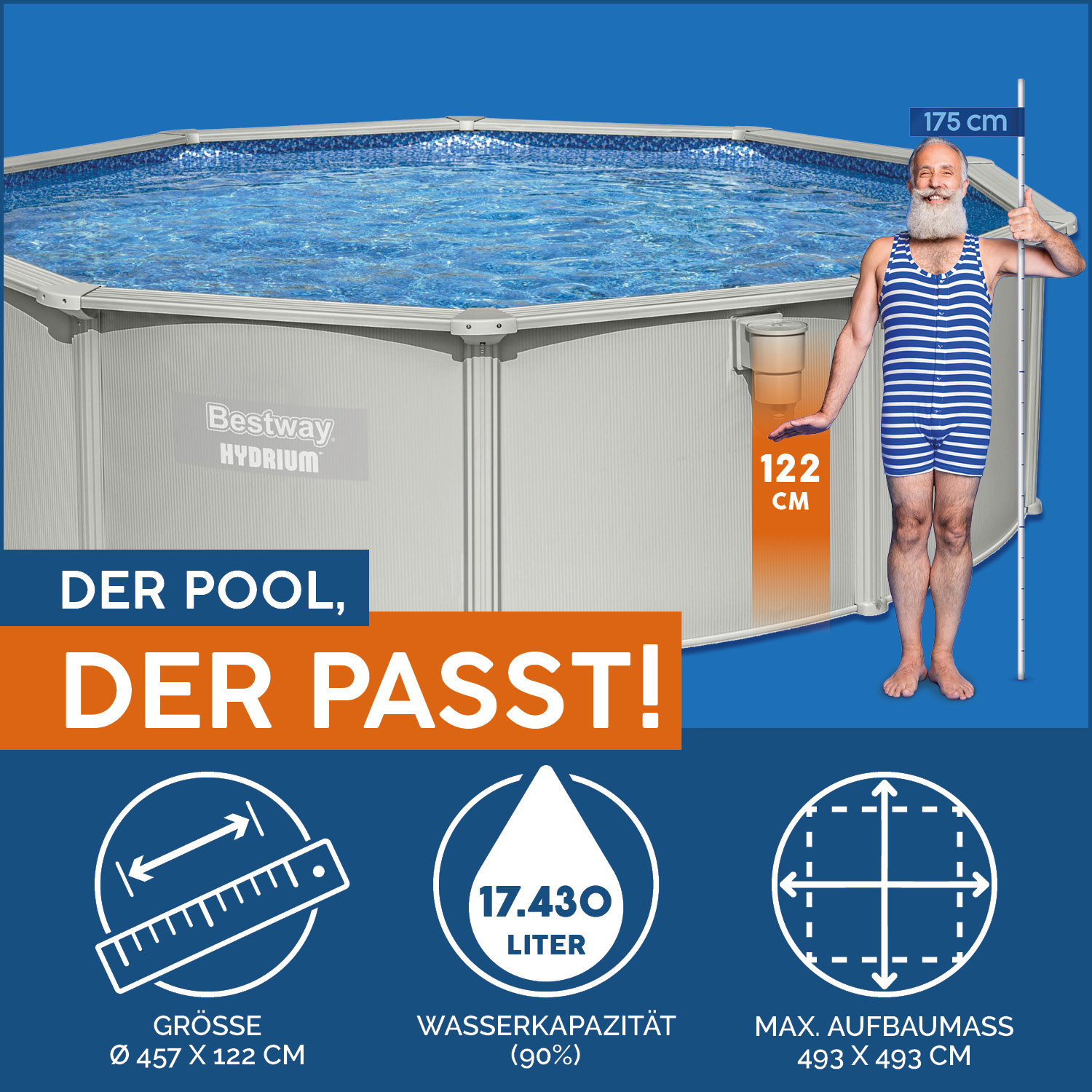Hydrium™ Stahlwandpool Komplett-Set mit Sandfilteranlage Ø 457 x 122 cm, granitgrau, rund