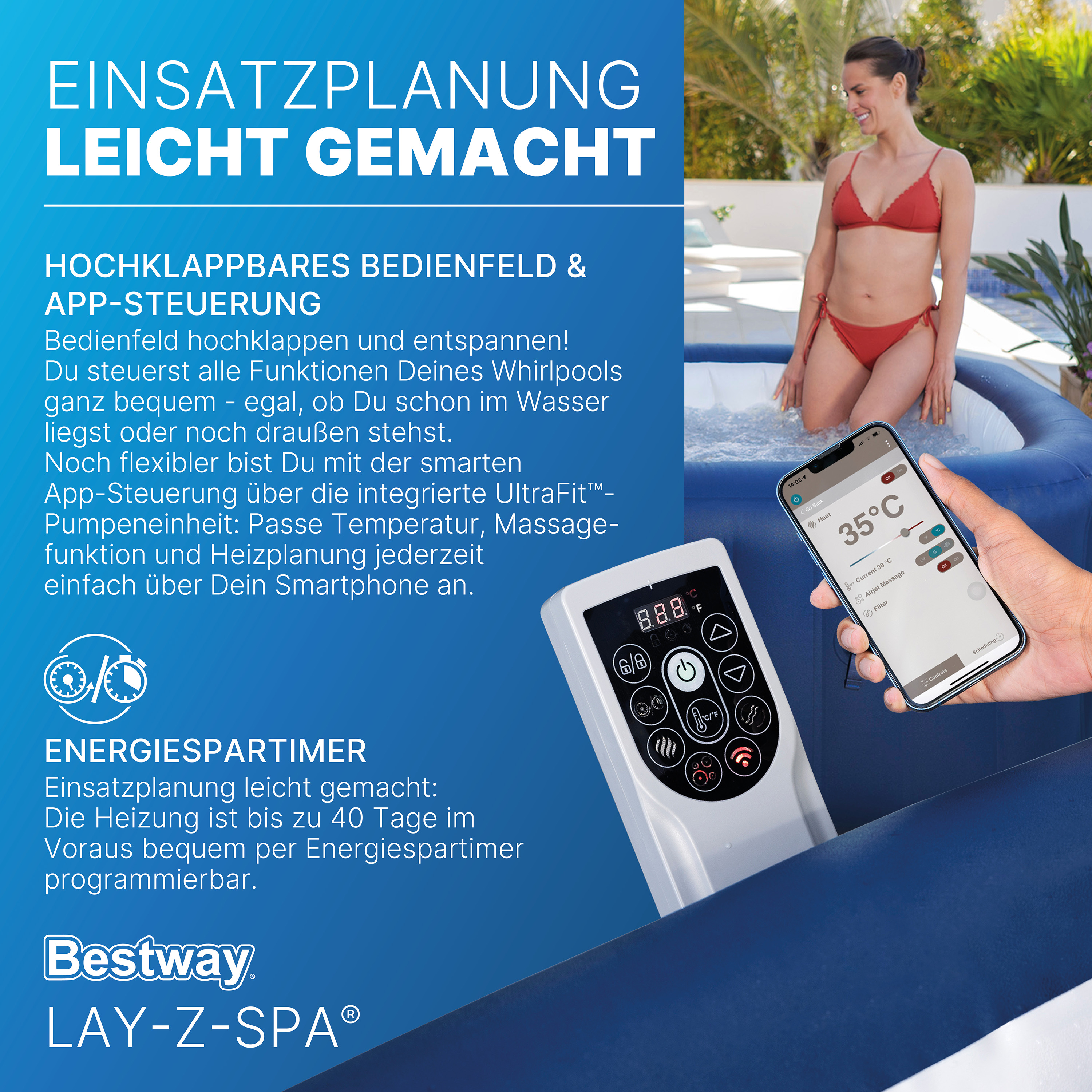 LAY-Z-SPA® Energiespar-Whirlpool Hawaii AirJet™ mit App-Steuerung, für 6 Personen, 180 x 180 x 71 cm, Kobaltblau