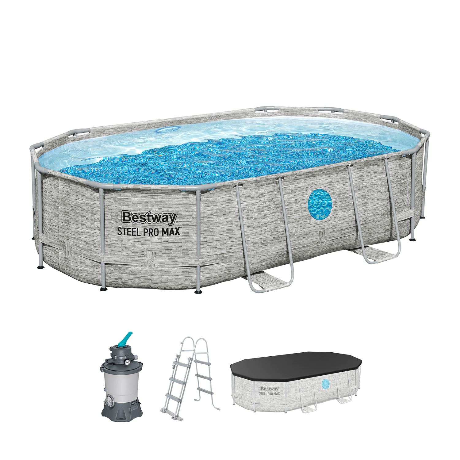 Steel Pro MAX™ Splashview™ Frame Pool Komplett-Set mit Sandfilteranlage 488 x 305 x 107 cm , Steinwand-Optik (Cremegrau), oval