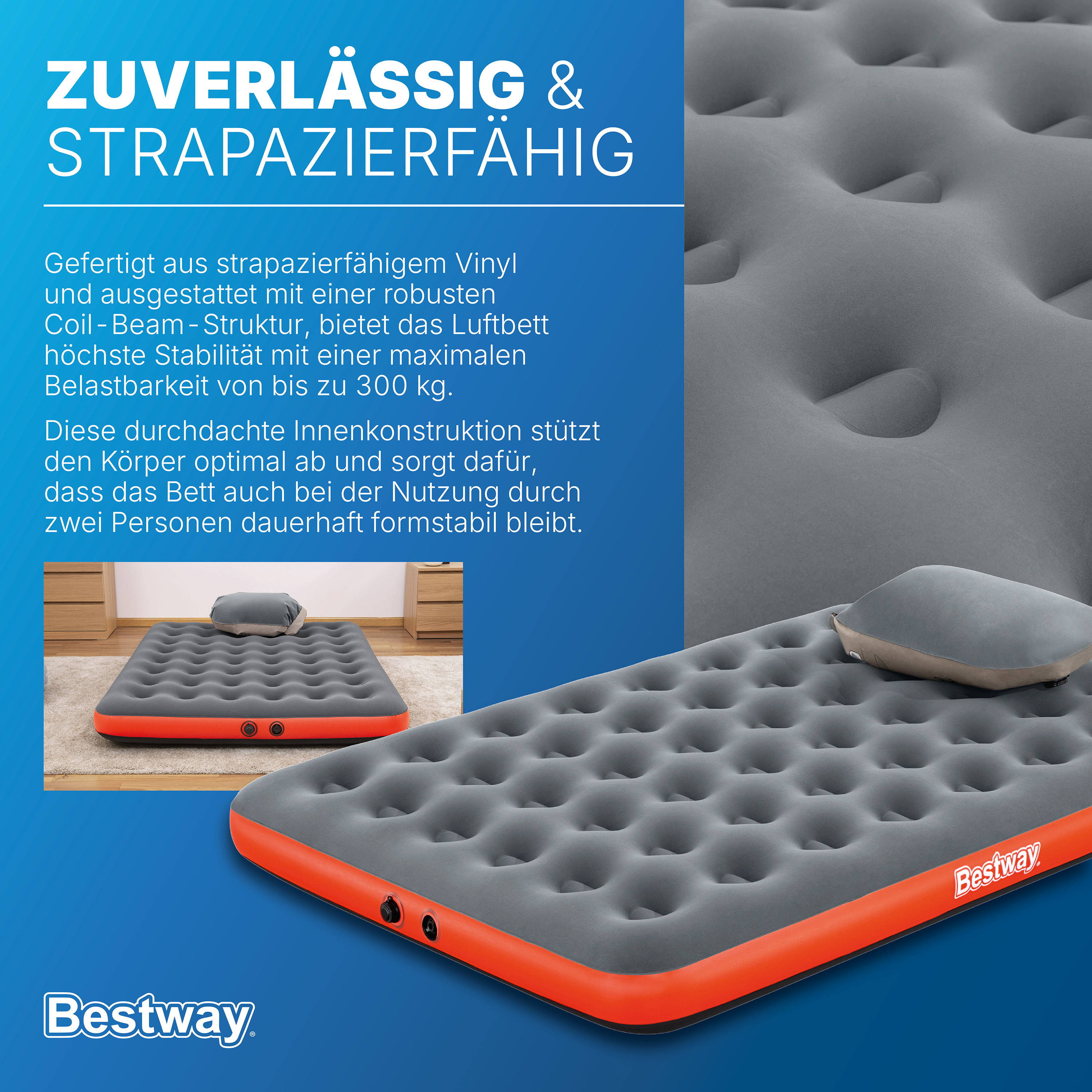 Doppelluftbett Roll & Relax mit Kissenpumpe 203 x 152 x 22 cm