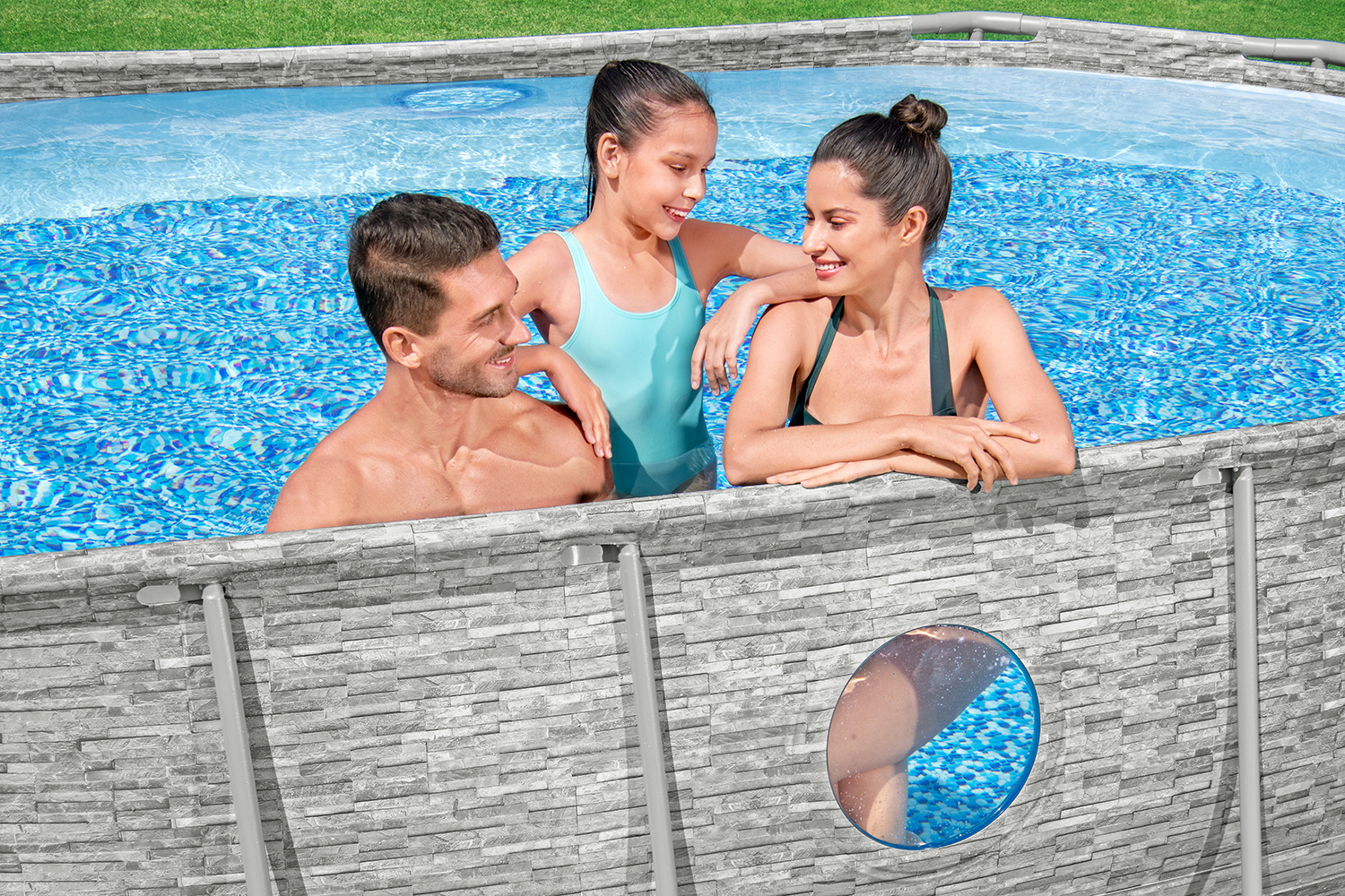 Power Steel™ Swim Vista Series™ Frame Pool Komplett Set mit Sandfilteranlage 488 x 305 x 107 cm , Steinwand-Optik (Cremegrau), oval