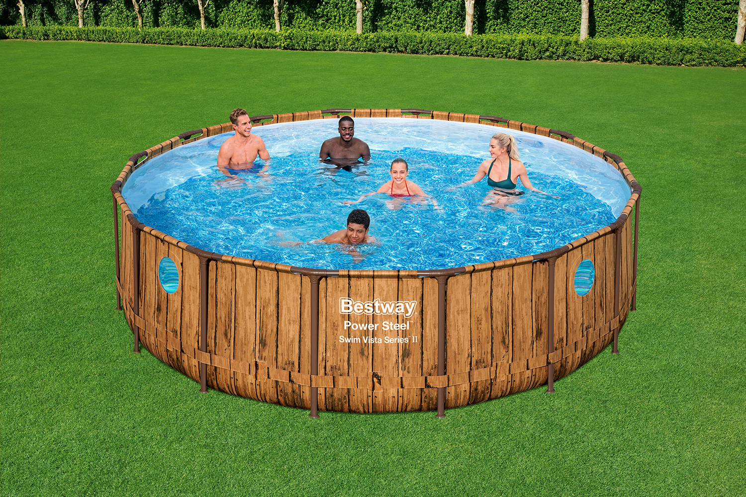 Power Steel™ Swim Vista Series™ Frame Pool Komplett Set mit Filterpumpe Ø 488 x 122 cm, Holz-Optik (Pinie), rund