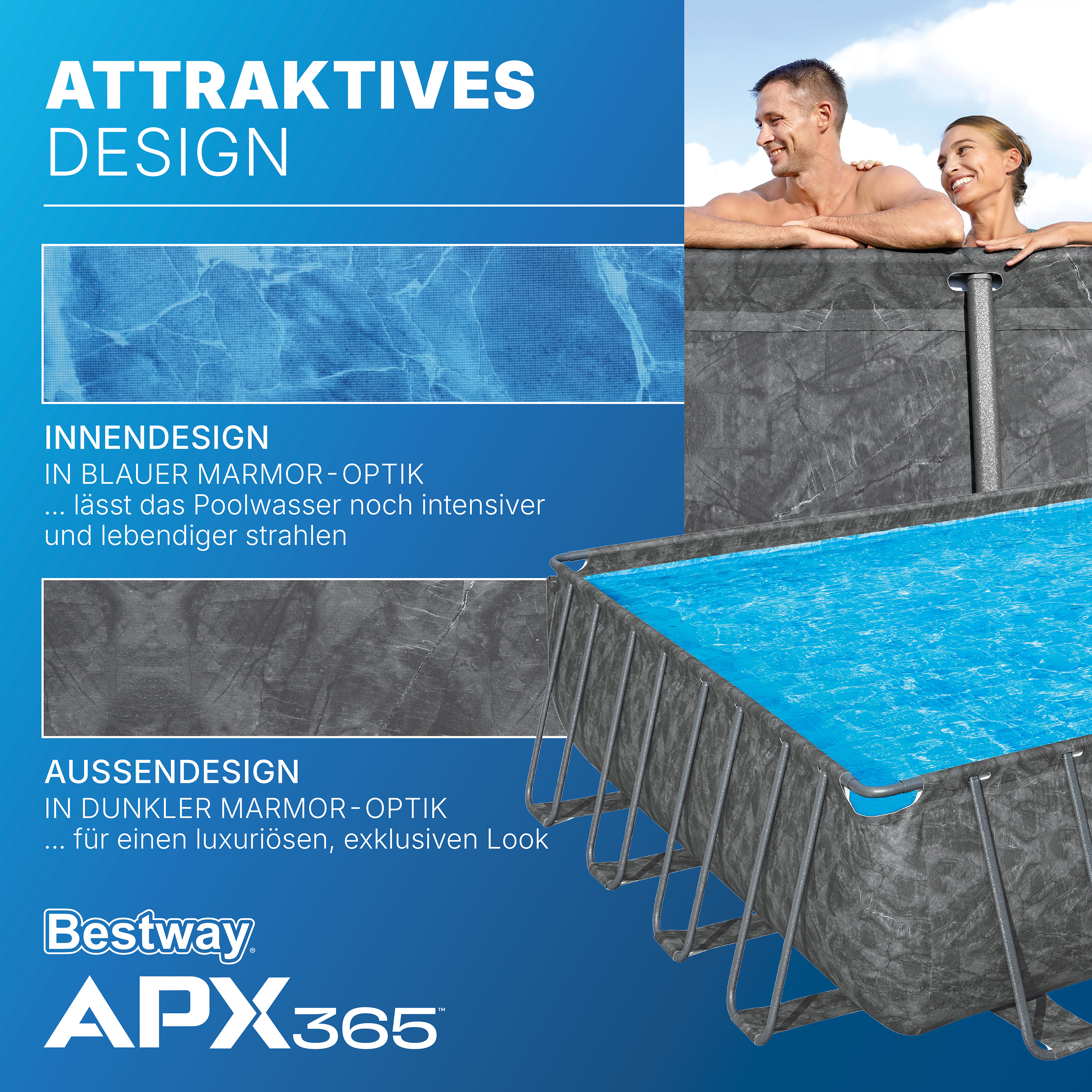 APX365™ Winterfestes Frame Pool Komplett Set mit Sandfilteranlage 956 x 488 x 132 cm, Marmor-Optik (Dunkel), eckig