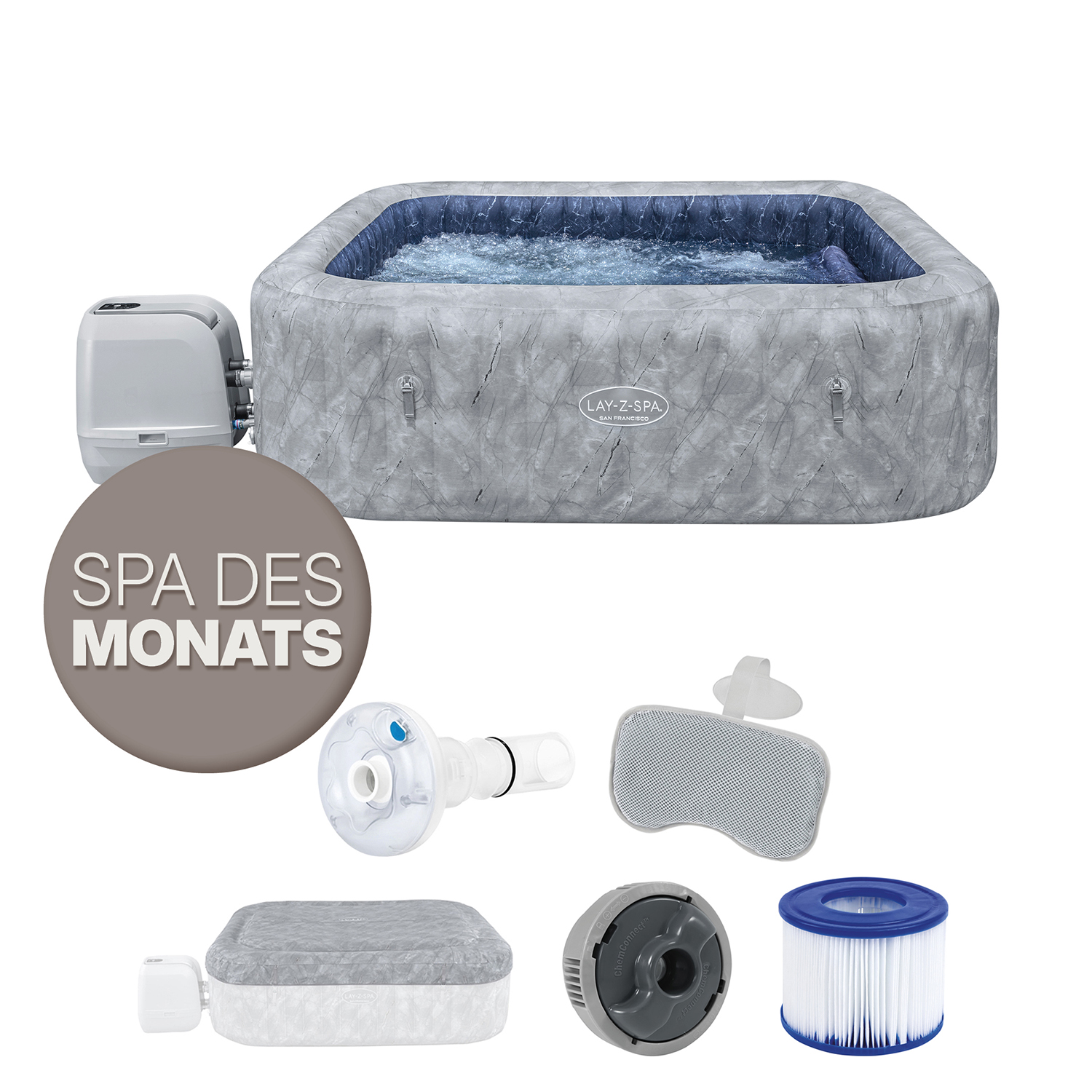 LAY-Z-SPA® Energiespar Whirlpool San Francisco HydroJet Pro™ mit App-Steuerung, für 7 Personen 230 x 230 x 71 cm, Marmor-Optik (Samtgrau)