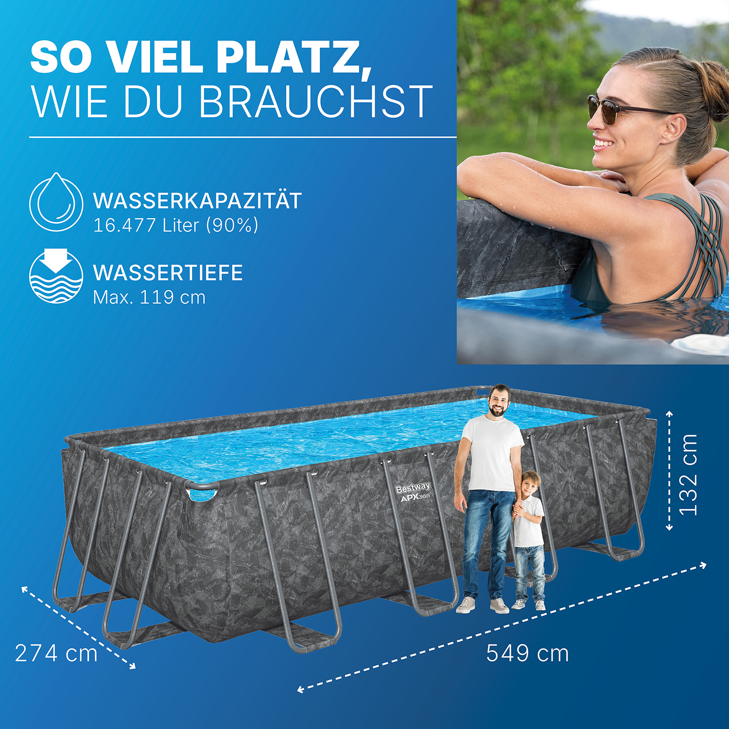 APX365™ Winterfestes Frame Pool Komplett-Set mit Sandfilteranlage 549 x 274 x 132 cm, Marmor-Optik (Dunkel), eckig