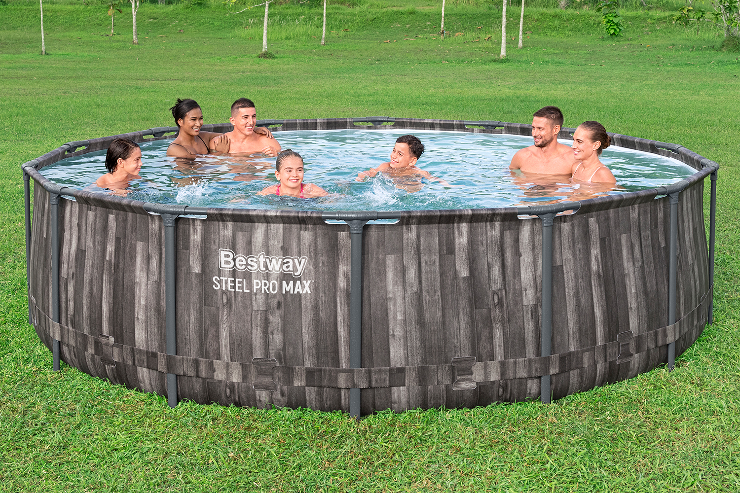 Steel Pro MAX™ Auftstellpool-Komplett-Set mit Filterpumpe Ø 427 x 107 cm, Holz-Optik (Mooreiche), rund