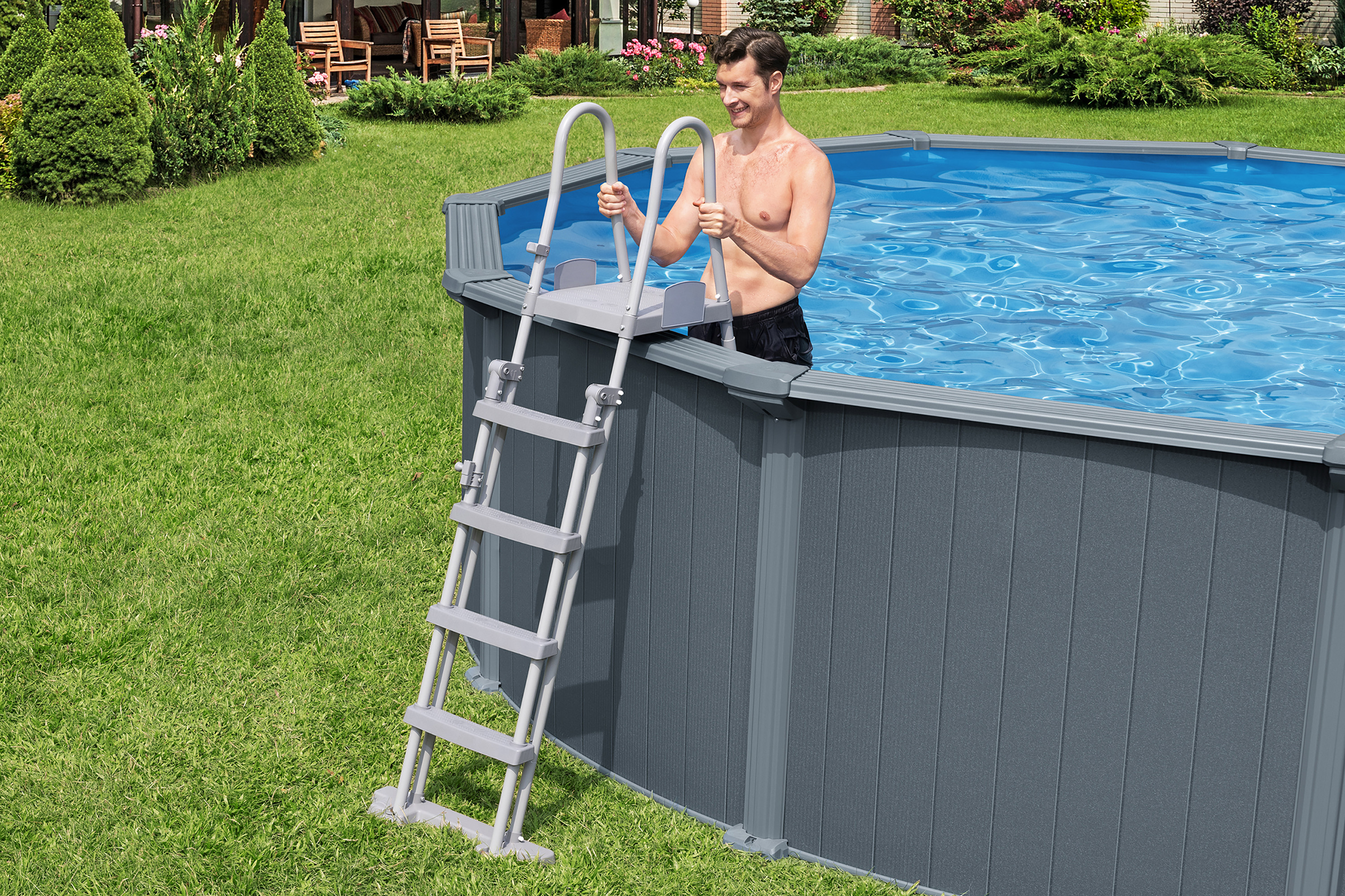 Hydrium™ Stahlwandpool Komplett Set mit Sandfilteranlage Ø 549 x 132 cm, Holz Optik (Grau), rund