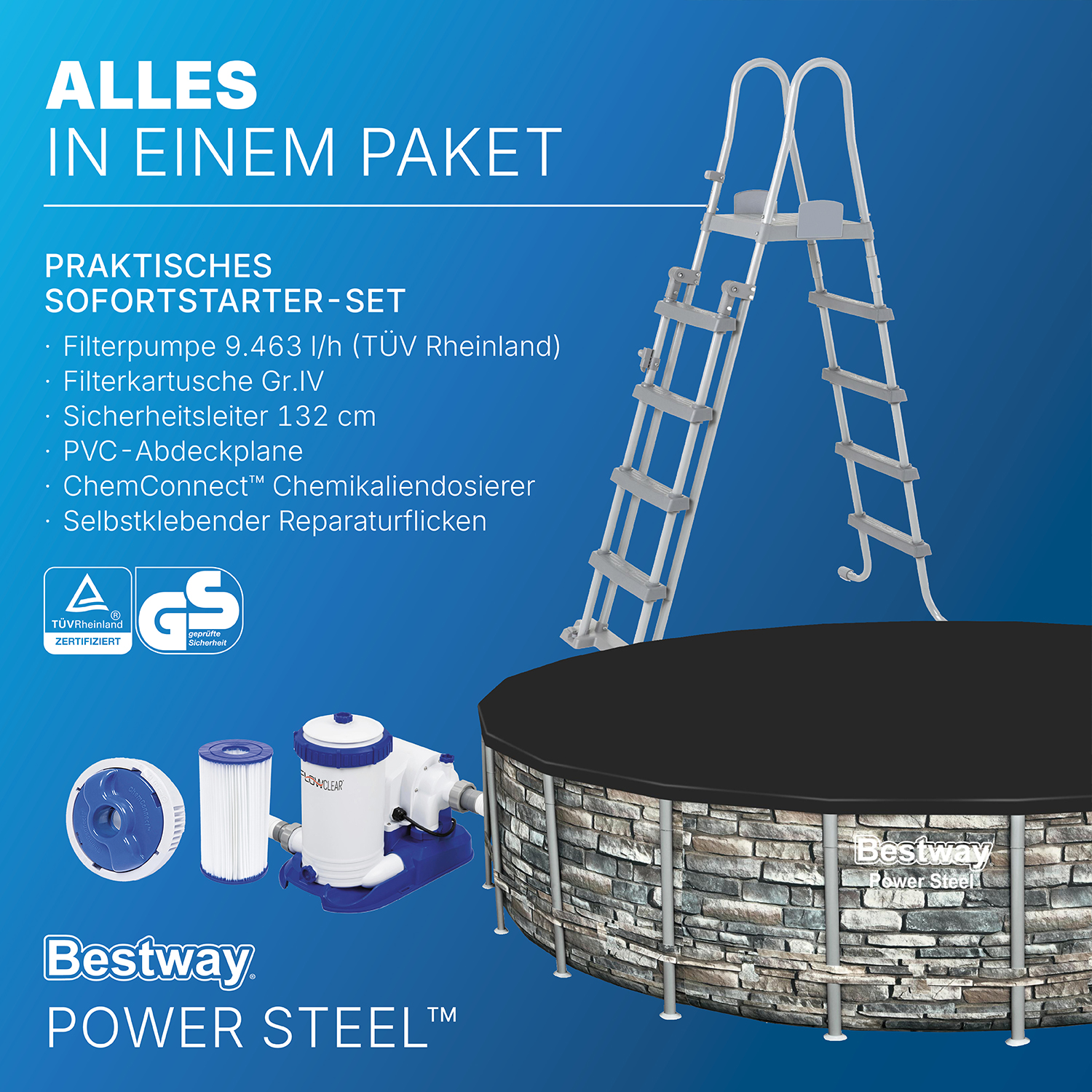 Power Steel™ Frame Pool Komplett Set mit Filterpumpe Ø 671 x 132 cm Steinwand-Optik (Naturstein), rund