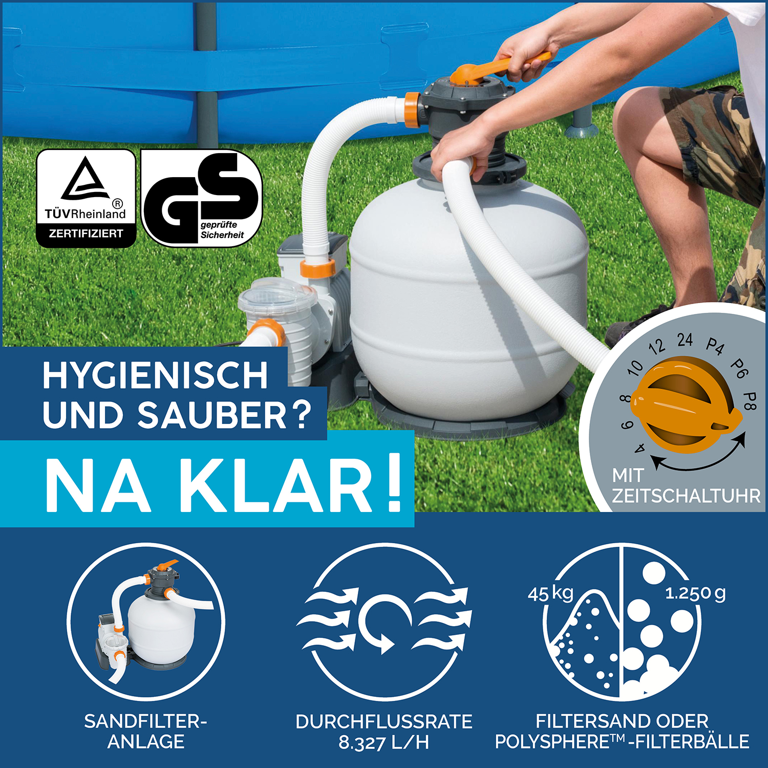 Power Steel™ Frame Pool Komplett Set mit Sandfilteranlage 956 x 488 x 132 cm, lichtgrau, eckig