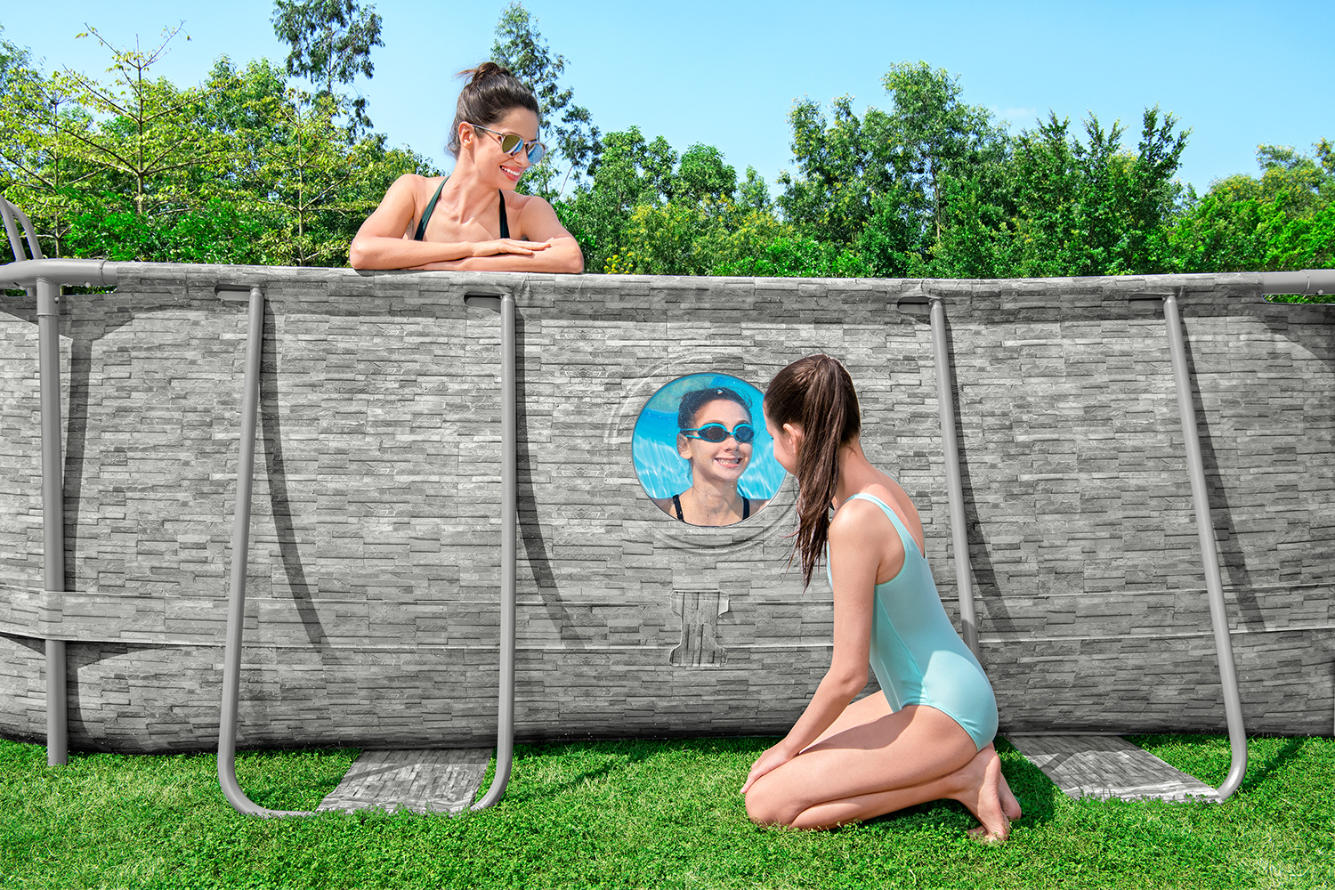 Steel Pro MAX™ Splashview™ Frame Pool Komplett-Set mit Sandfilteranlage 488 x 305 x 107 cm , Steinwand-Optik (Cremegrau), oval