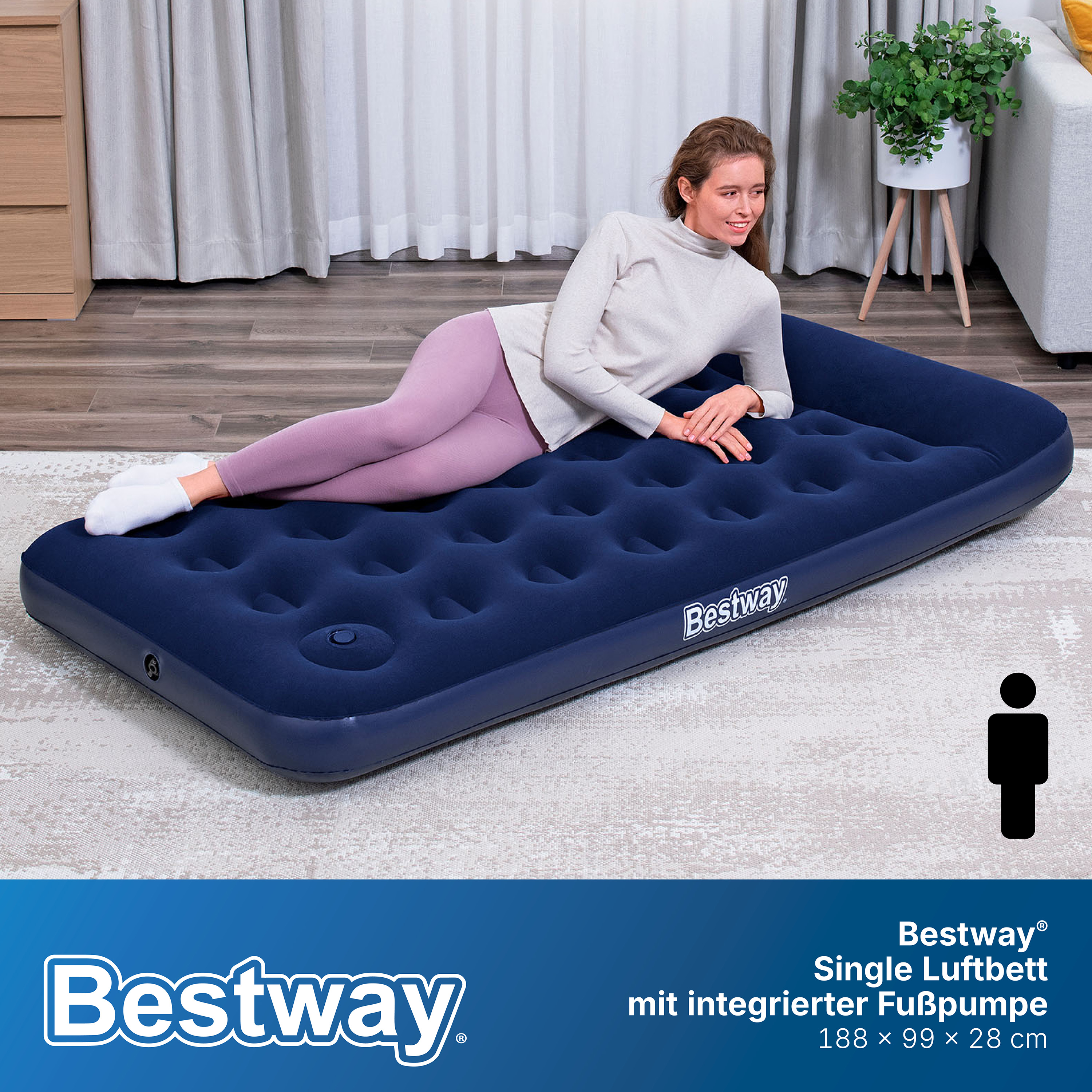 Single Luftbett mit integrierter Fußpumpe 188 x 99 x 28 cm