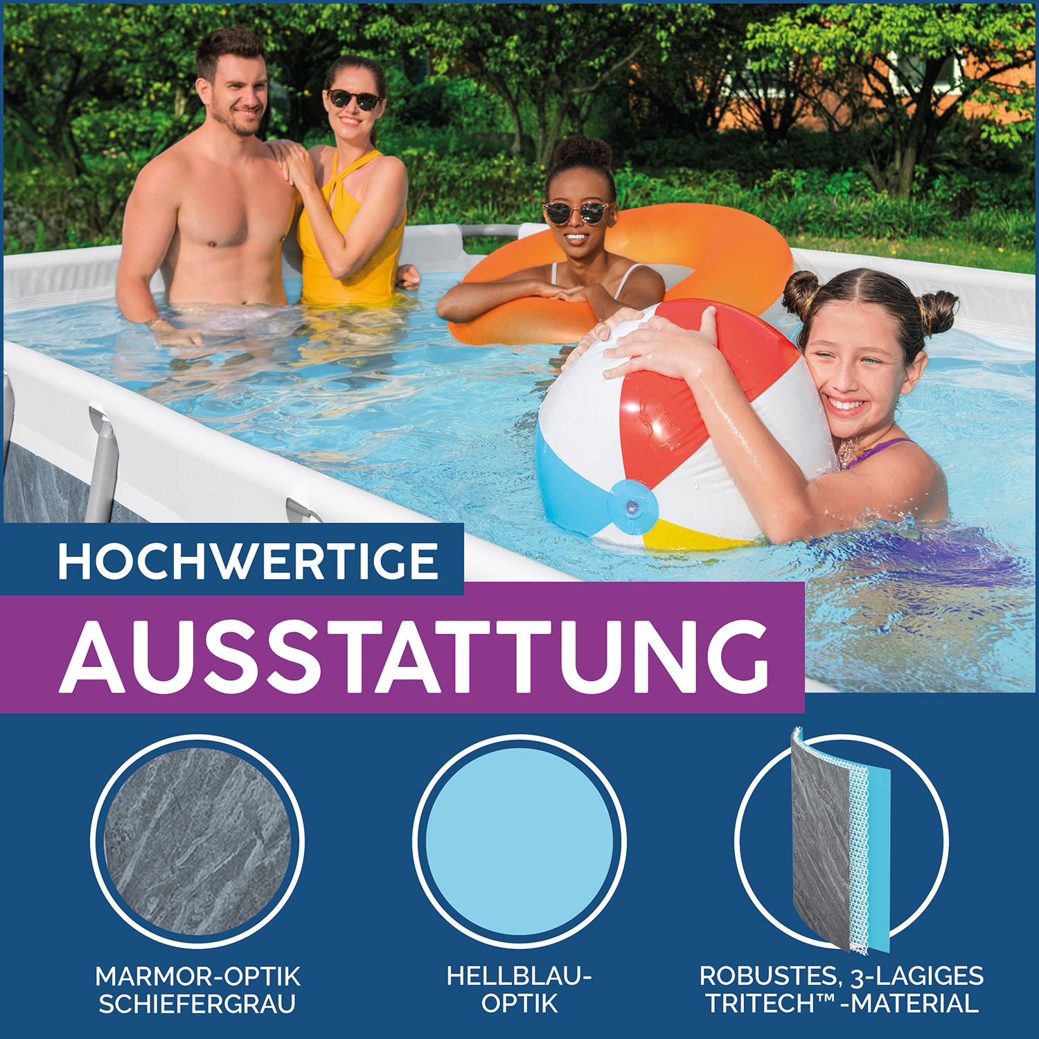 Power Steel™ Solo Pool ohne Zubehör 488 x 244 x 122 cm, Marmor-Optik (Schiefergrau), eckig