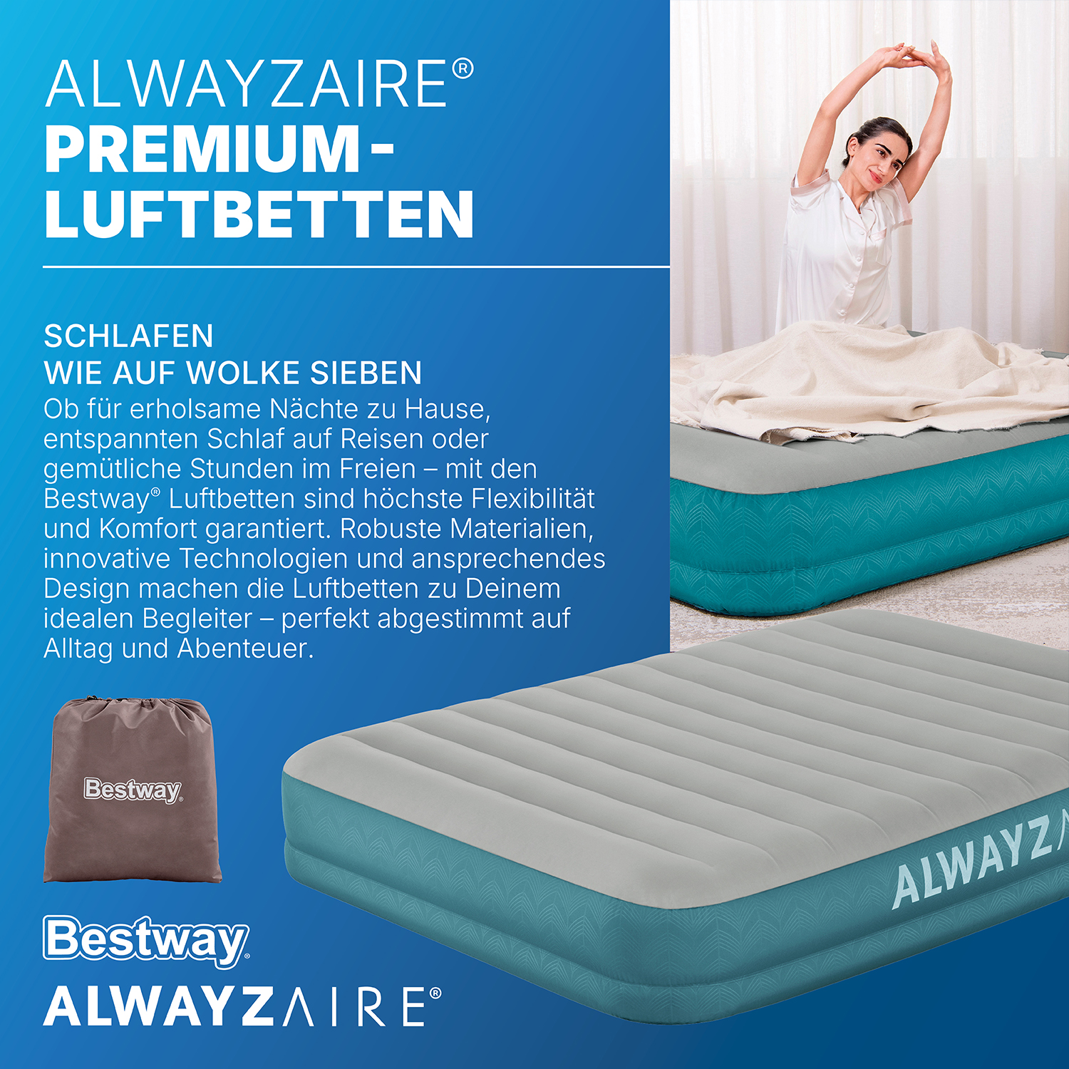 AlwayzAire™ 2-Personen-Luftbett ohne Druckverlust Selbstaufblasend 203 x 152 x 36 cm AlwayzAire™ 2-Personen-Luftbett ohne Druckverlust Selbstaufblasend 203 x 152 x 36 cm
