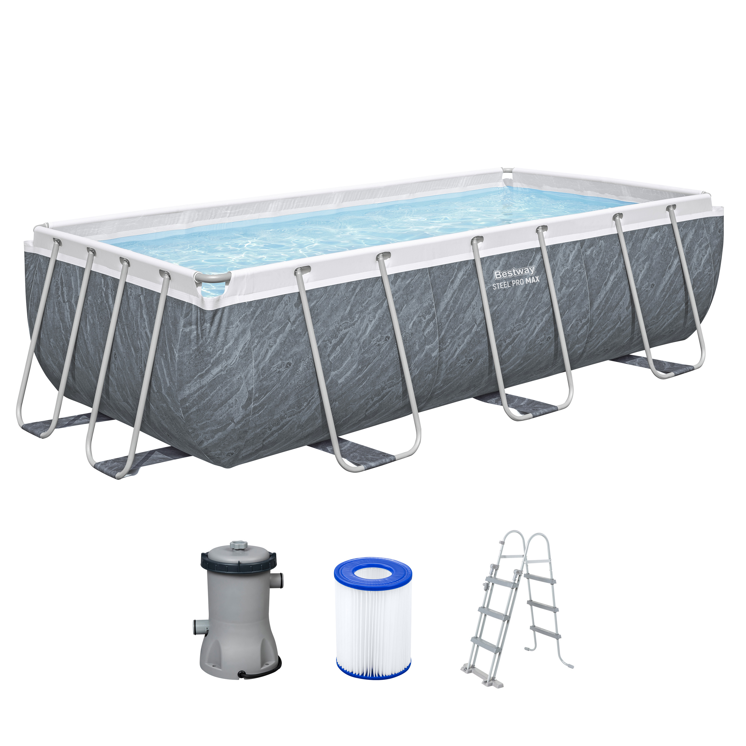Steel Pro MAX™ Frame Pool Set mit Filterpumpe 404 x 201 x 100 cm, Marmor-Optik (Schiefergrau), eckig