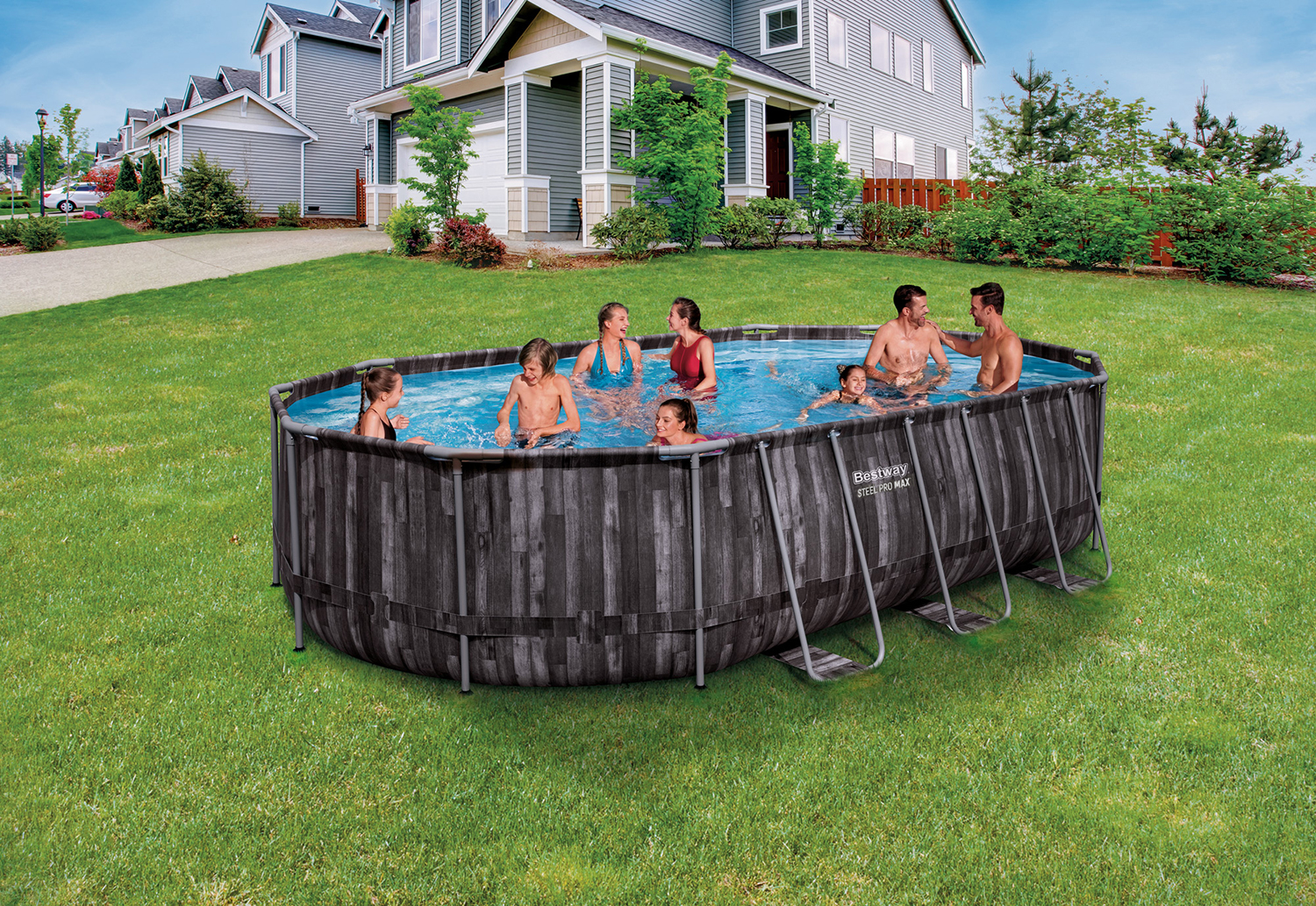 Steel Pro MAX™ Frame Pool Komplett-Set mit Filterpumpe 610 x 366 x 122 cm , Holz-Optik (Mooreiche), oval